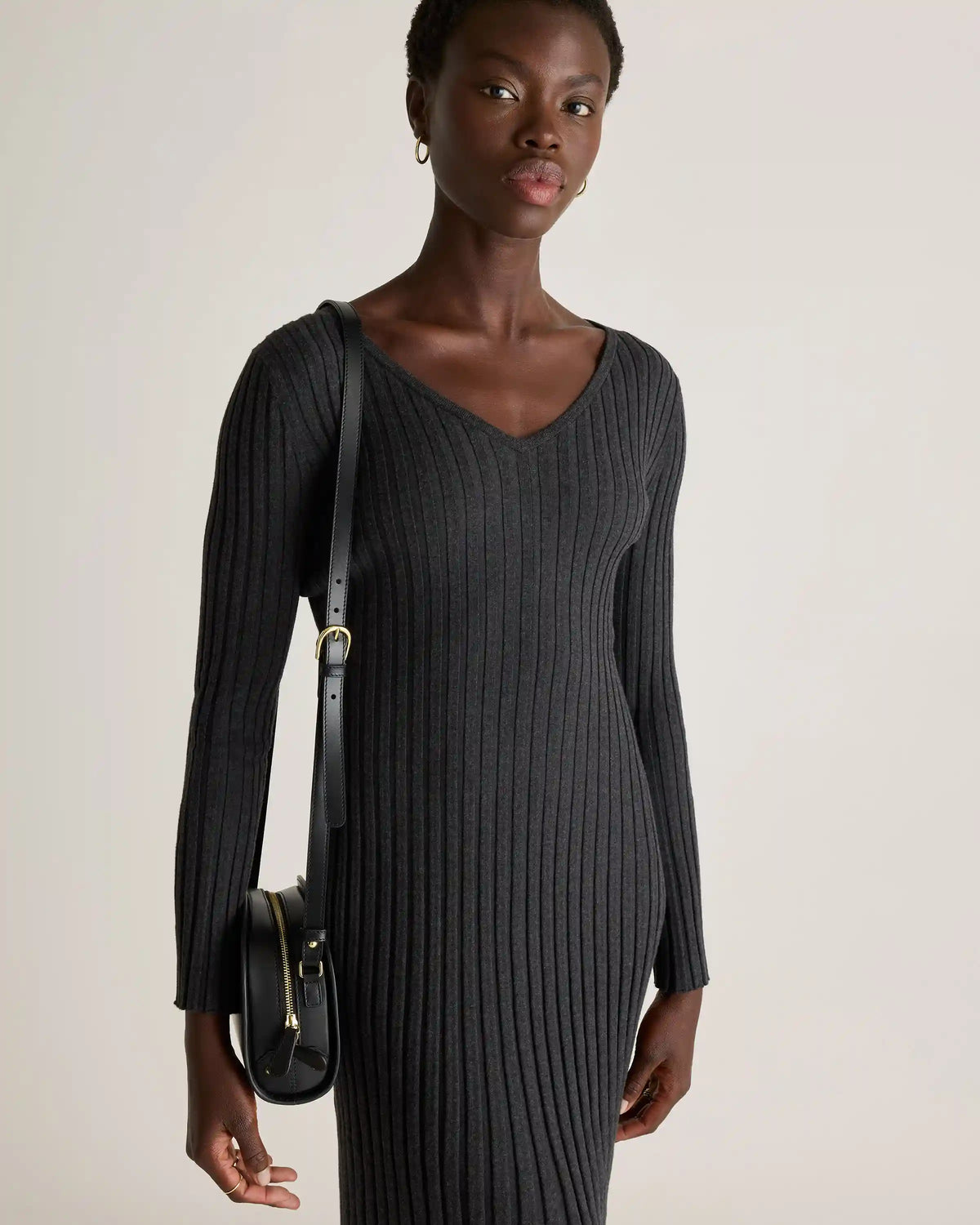 Cotton Cashmere Ribbed Long Sleeve V-Neck Midi Dress