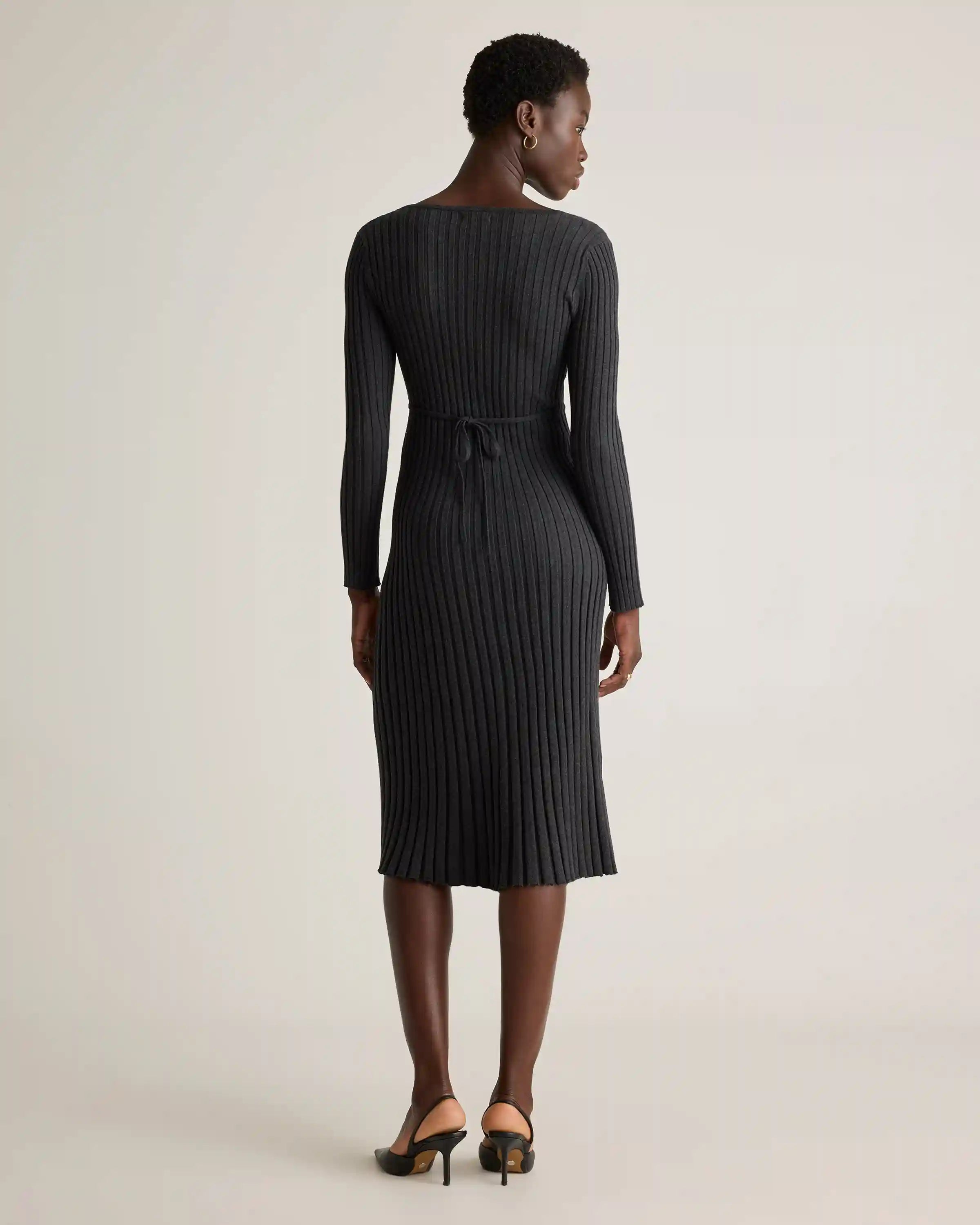 Cotton Cashmere Ribbed Long Sleeve V-Neck Midi Dress