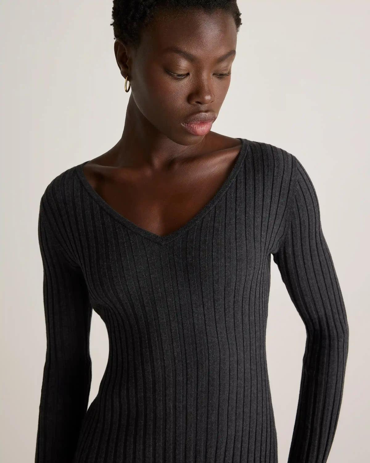 Cotton Cashmere Ribbed Long Sleeve V-Neck Midi Dress
