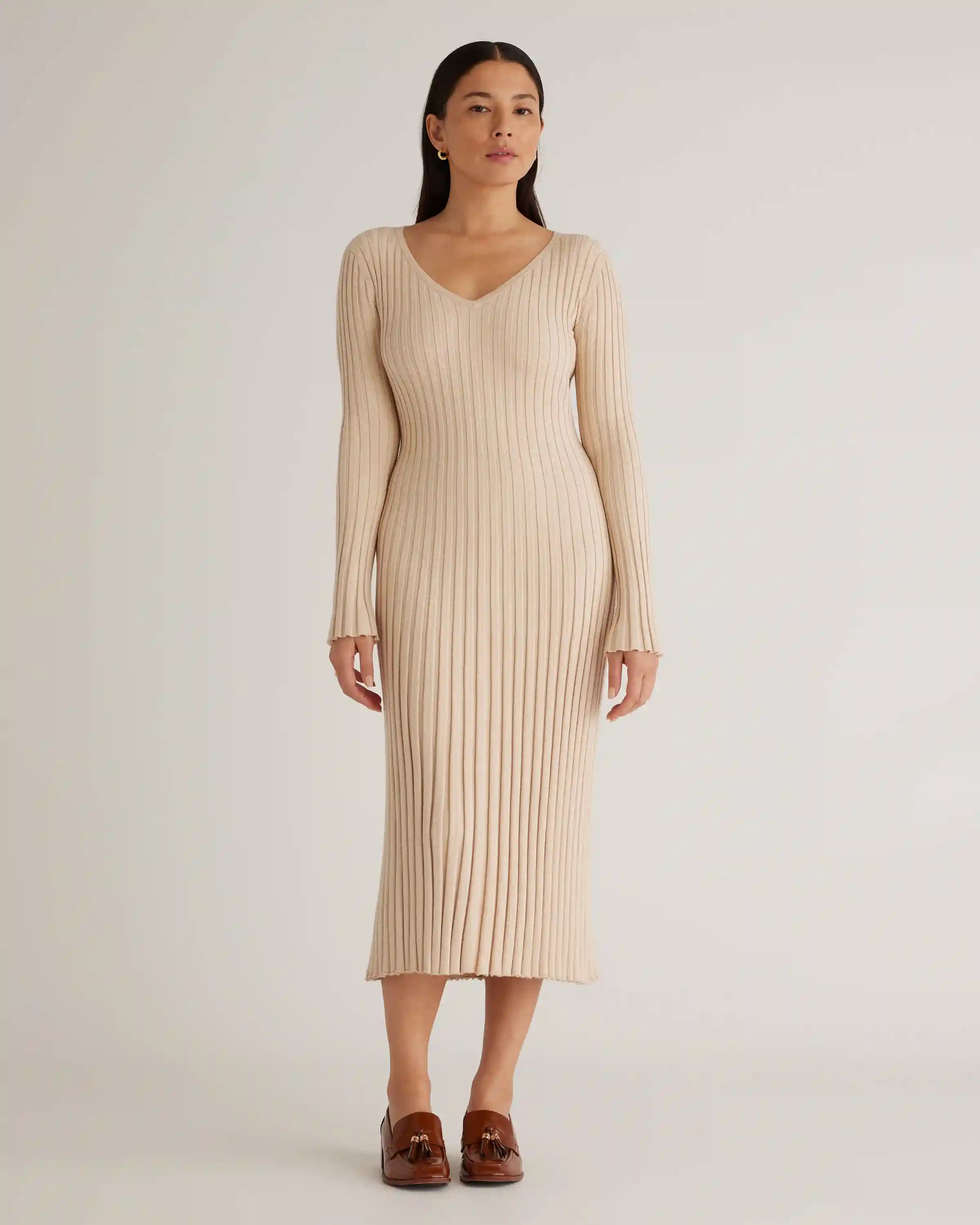 Cotton Cashmere Ribbed Long Sleeve V-Neck Midi Dress