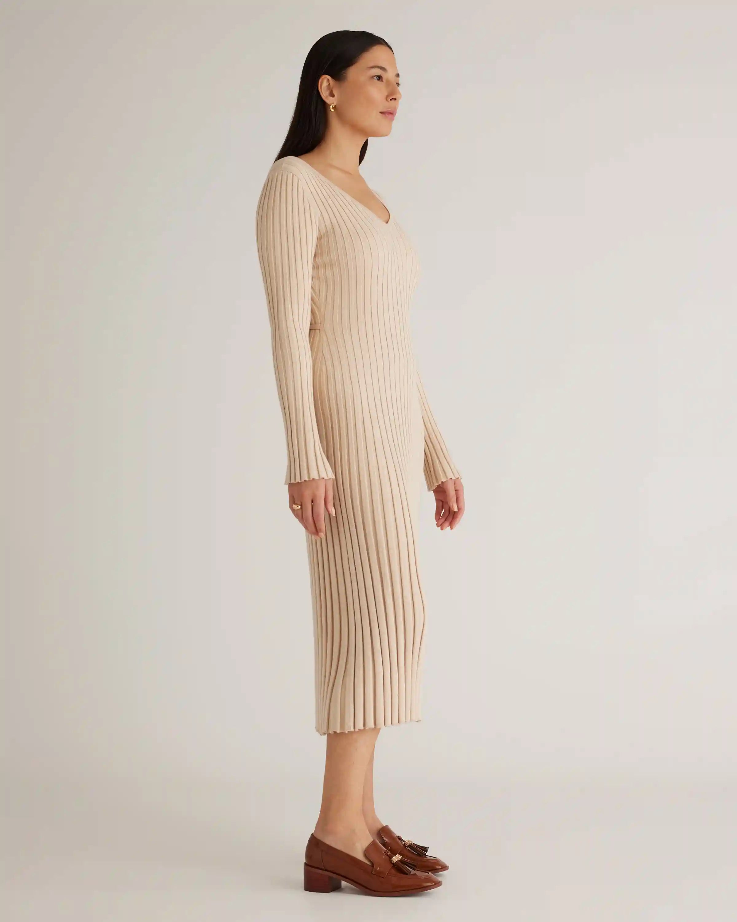 Cotton Cashmere Ribbed Long Sleeve V-Neck Midi Dress