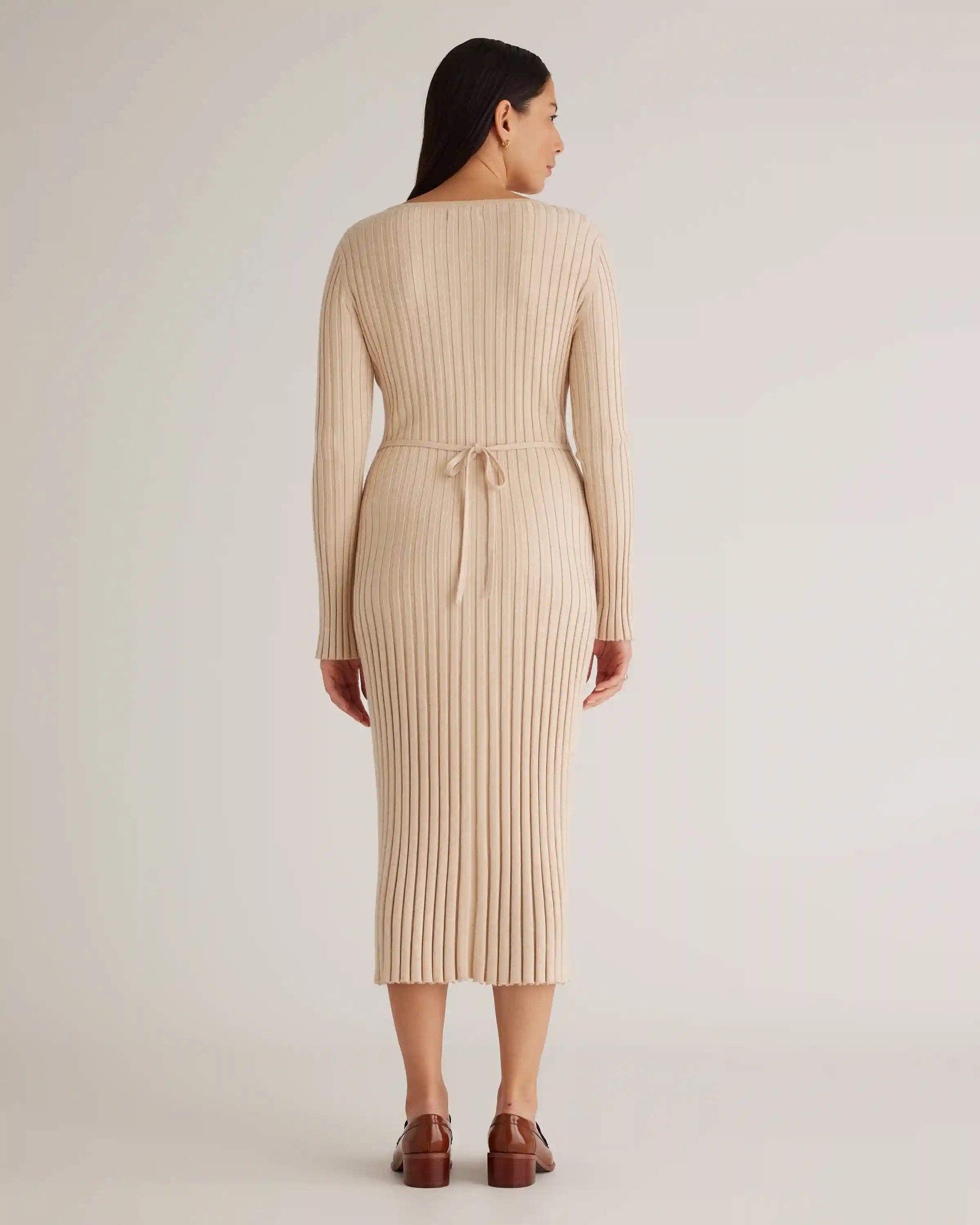 Cotton Cashmere Ribbed Long Sleeve V-Neck Midi Dress