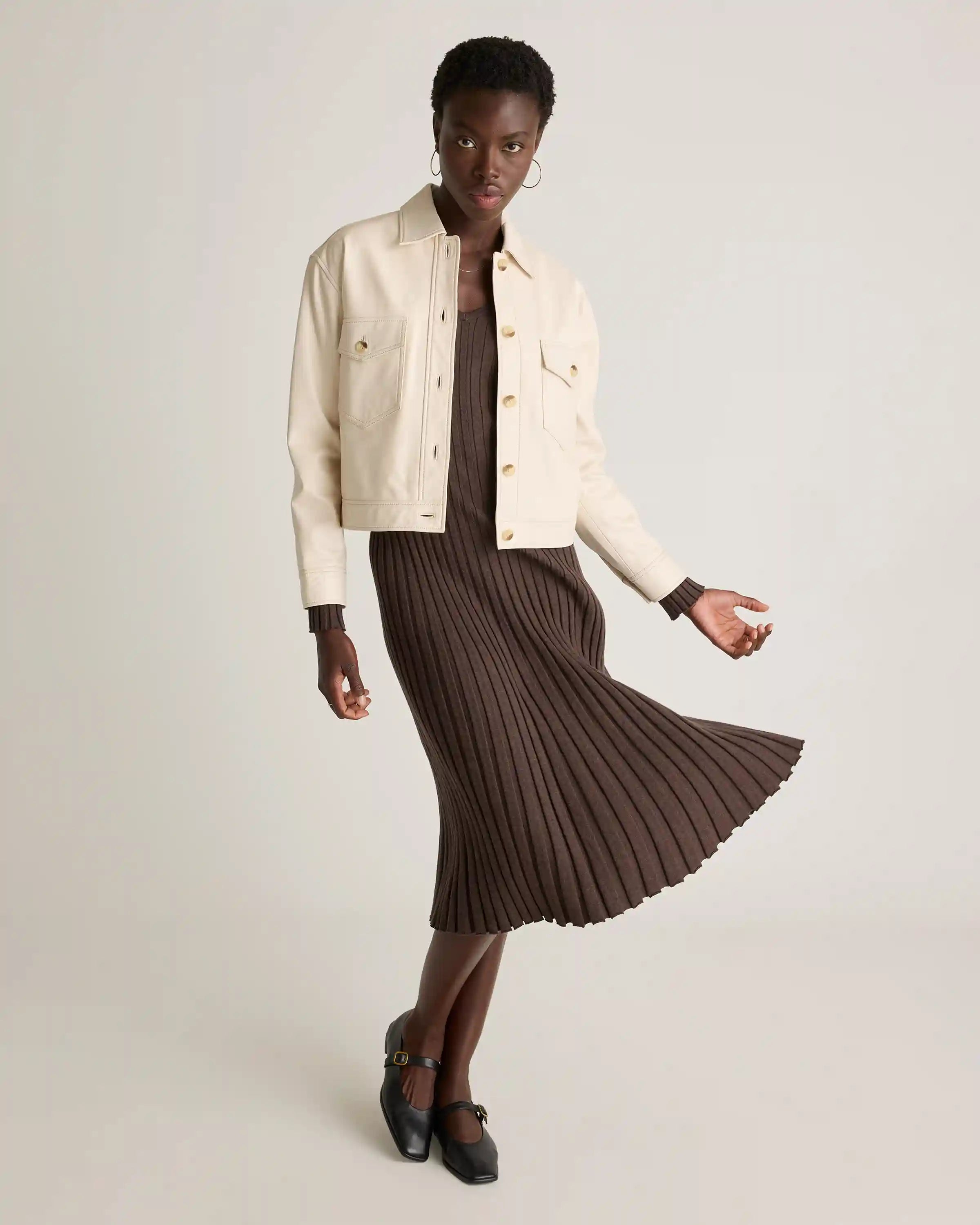 Cotton Cashmere Ribbed Long Sleeve V-Neck Midi Dress