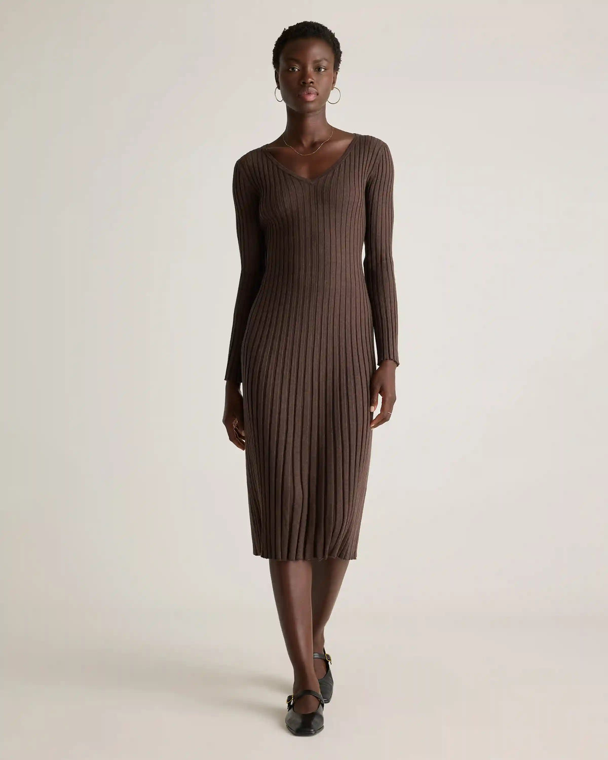 Cotton Cashmere Ribbed Long Sleeve V-Neck Midi Dress