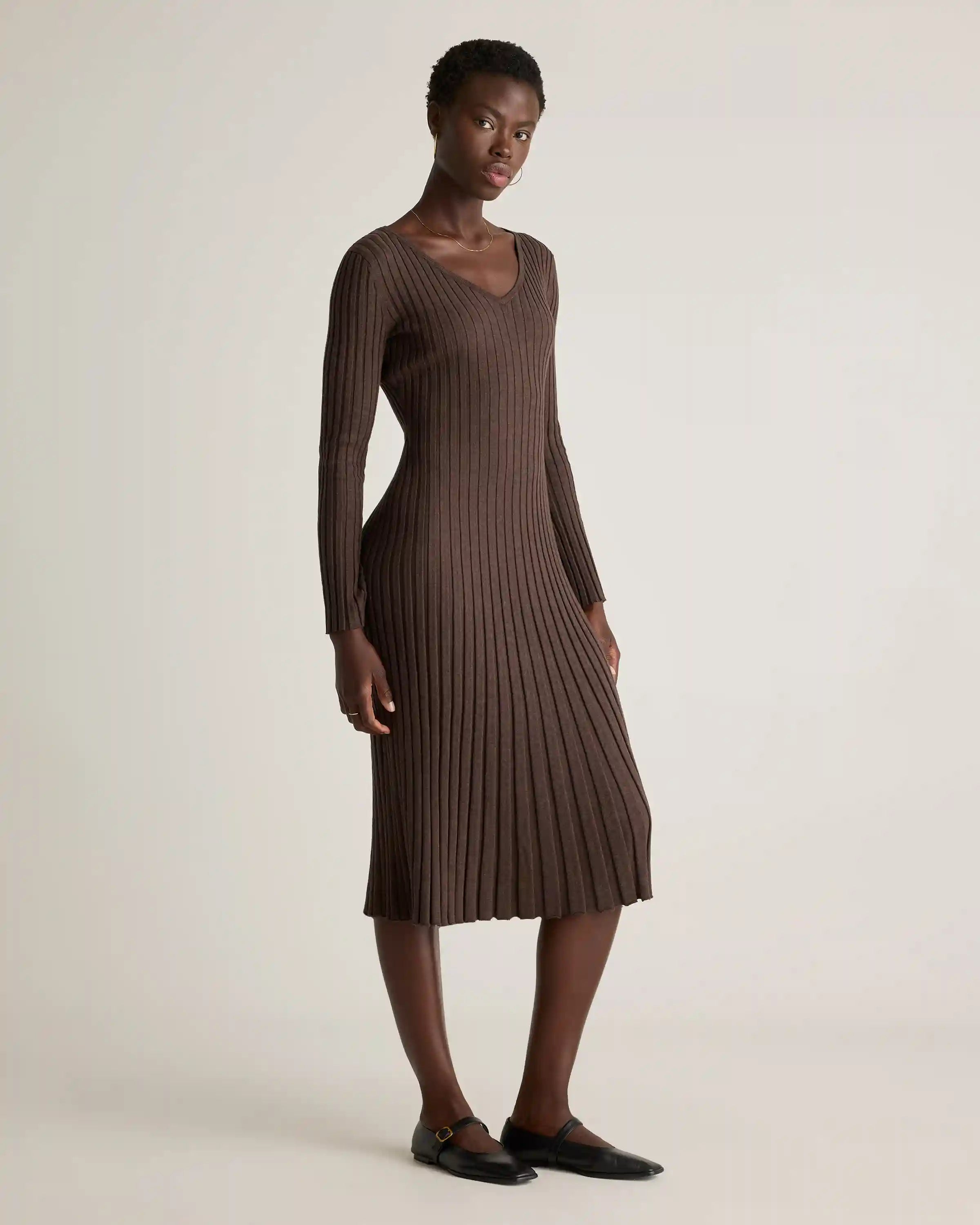 Cotton Cashmere Ribbed Long Sleeve V-Neck Midi Dress