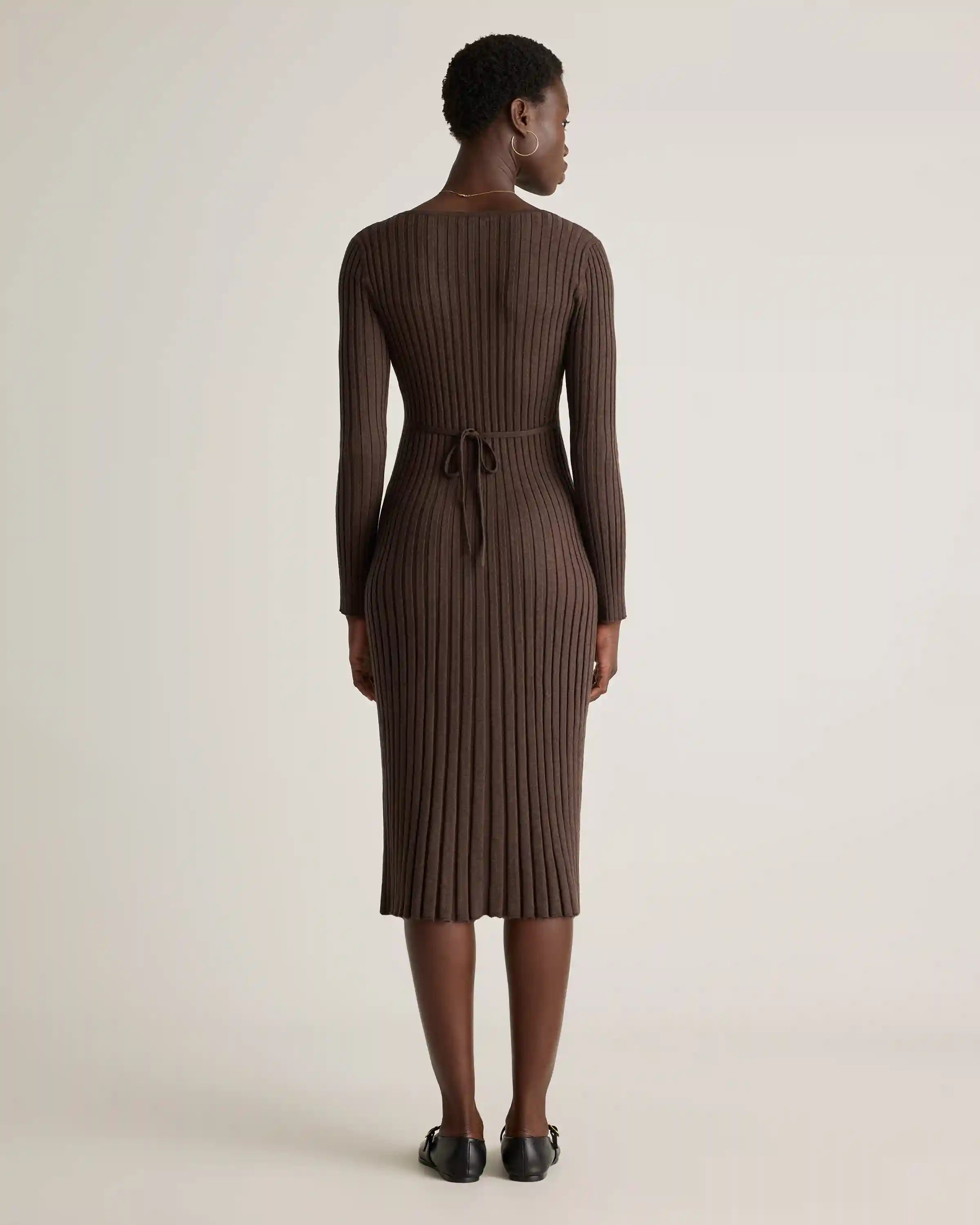 Cotton Cashmere Ribbed Long Sleeve V-Neck Midi Dress