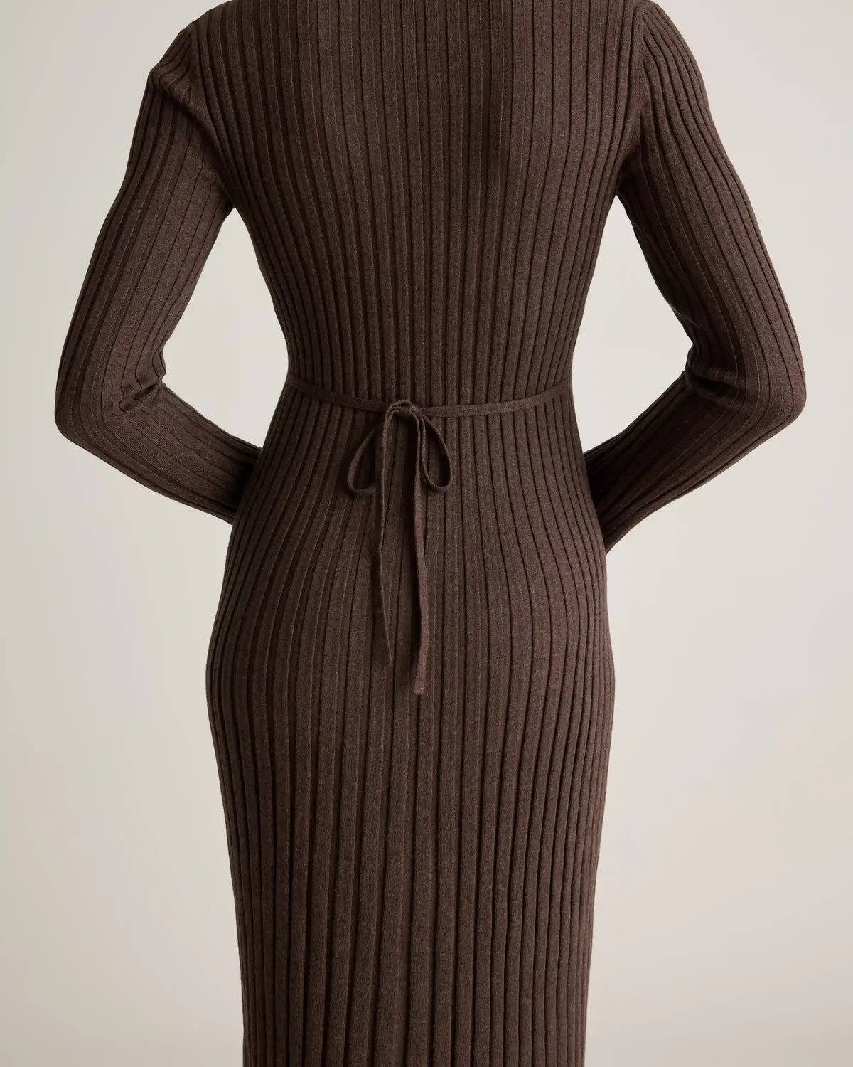 Cotton Cashmere Ribbed Long Sleeve V-Neck Midi Dress
