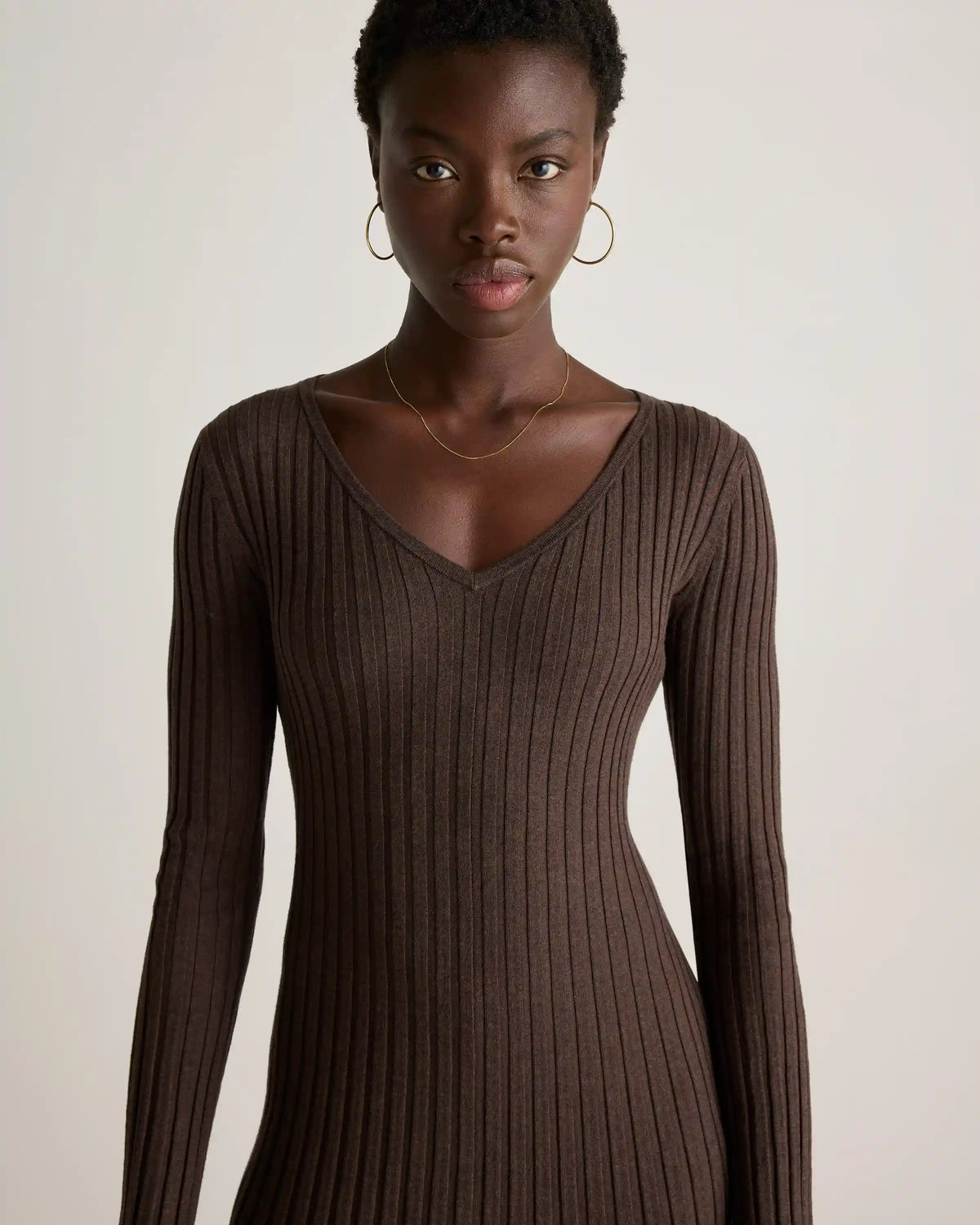 Cotton Cashmere Ribbed Long Sleeve V-Neck Midi Dress