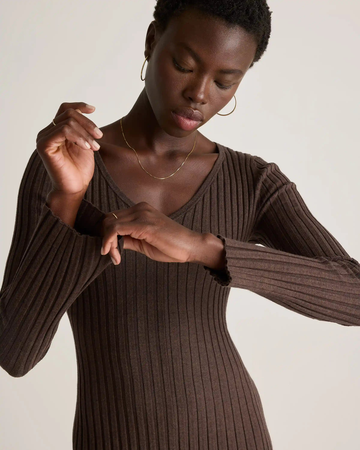 Cotton Cashmere Ribbed Long Sleeve V-Neck Midi Dress