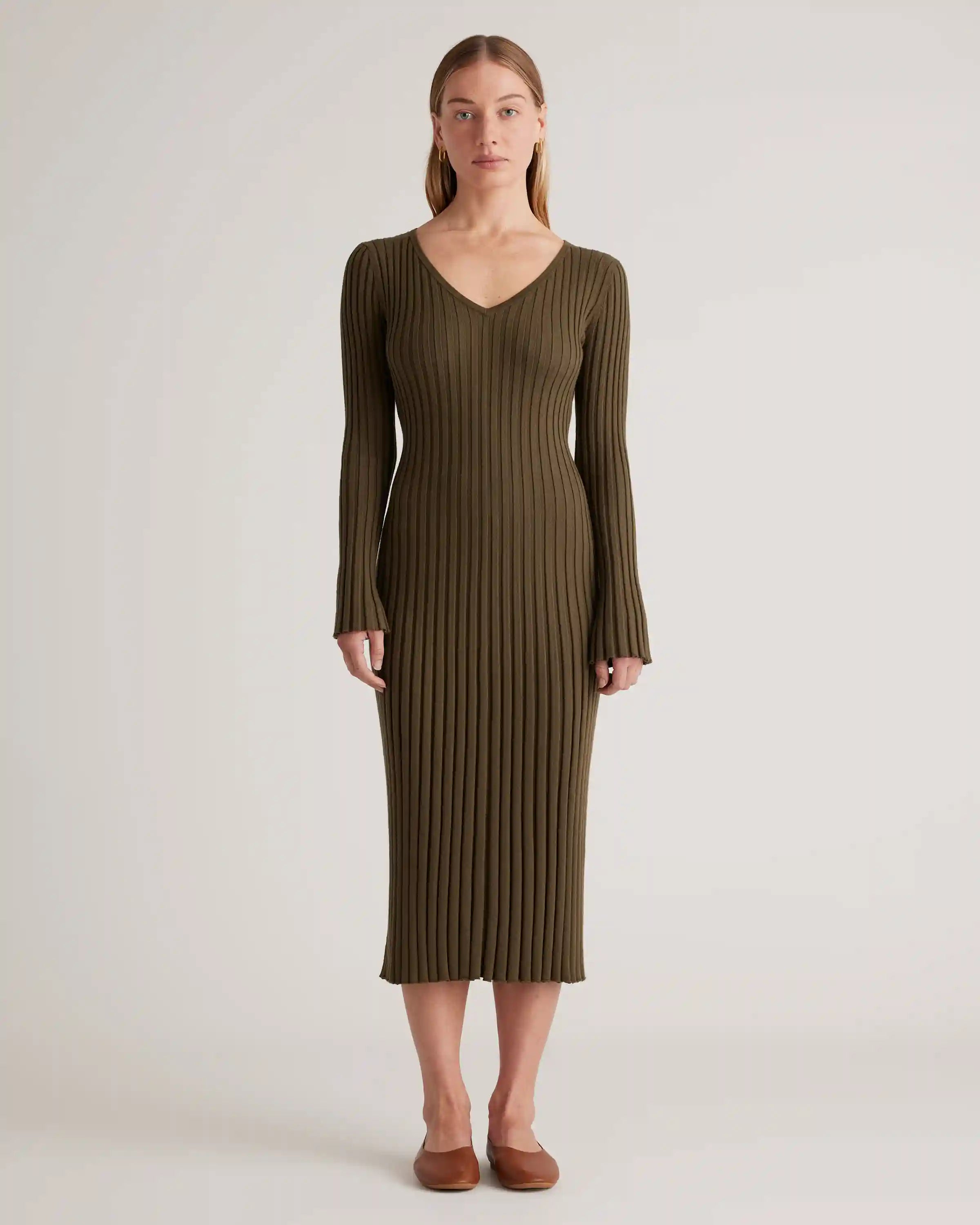 Cotton Cashmere Ribbed Long Sleeve V-Neck Midi Dress
