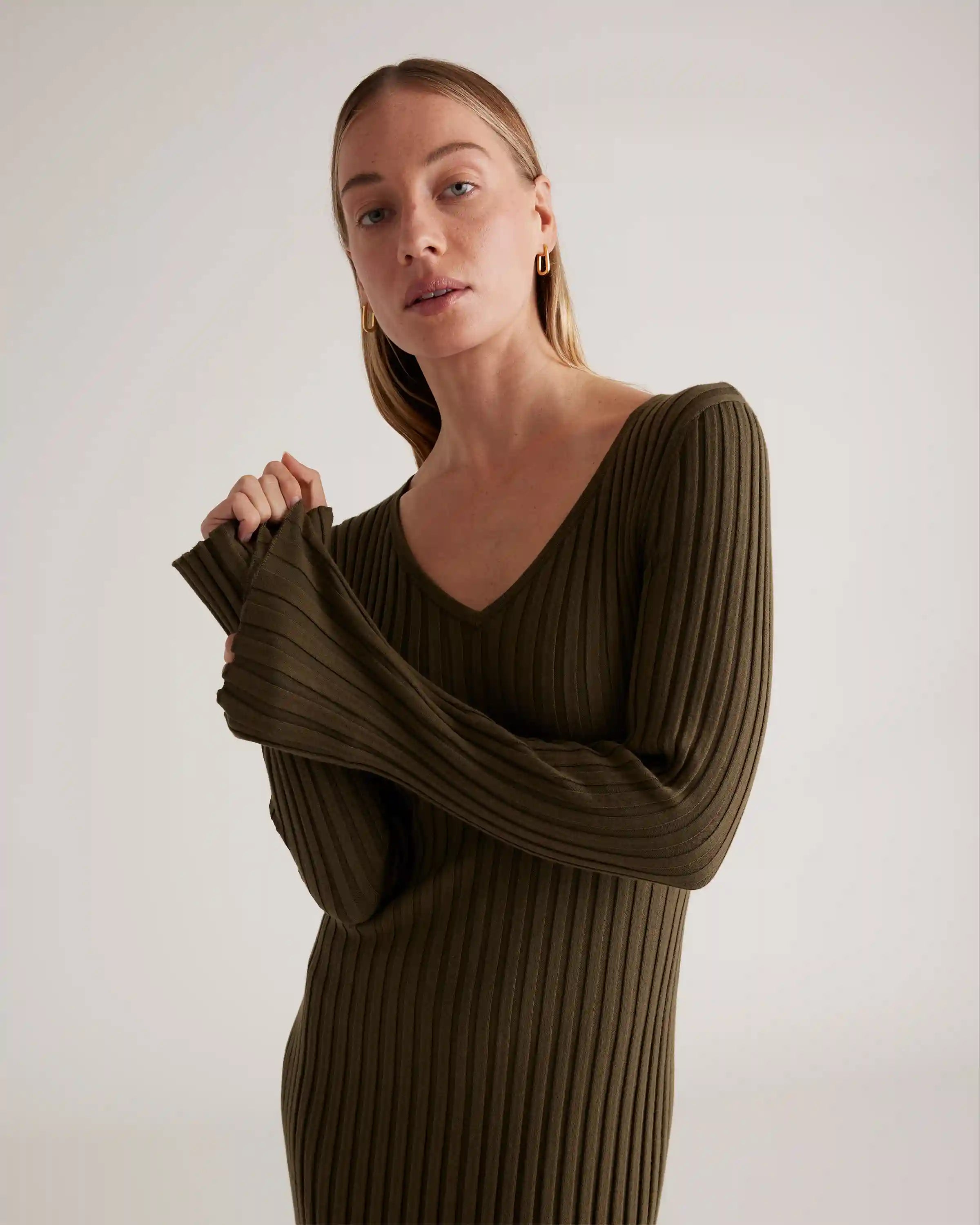 Cotton Cashmere Ribbed Long Sleeve V-Neck Midi Dress