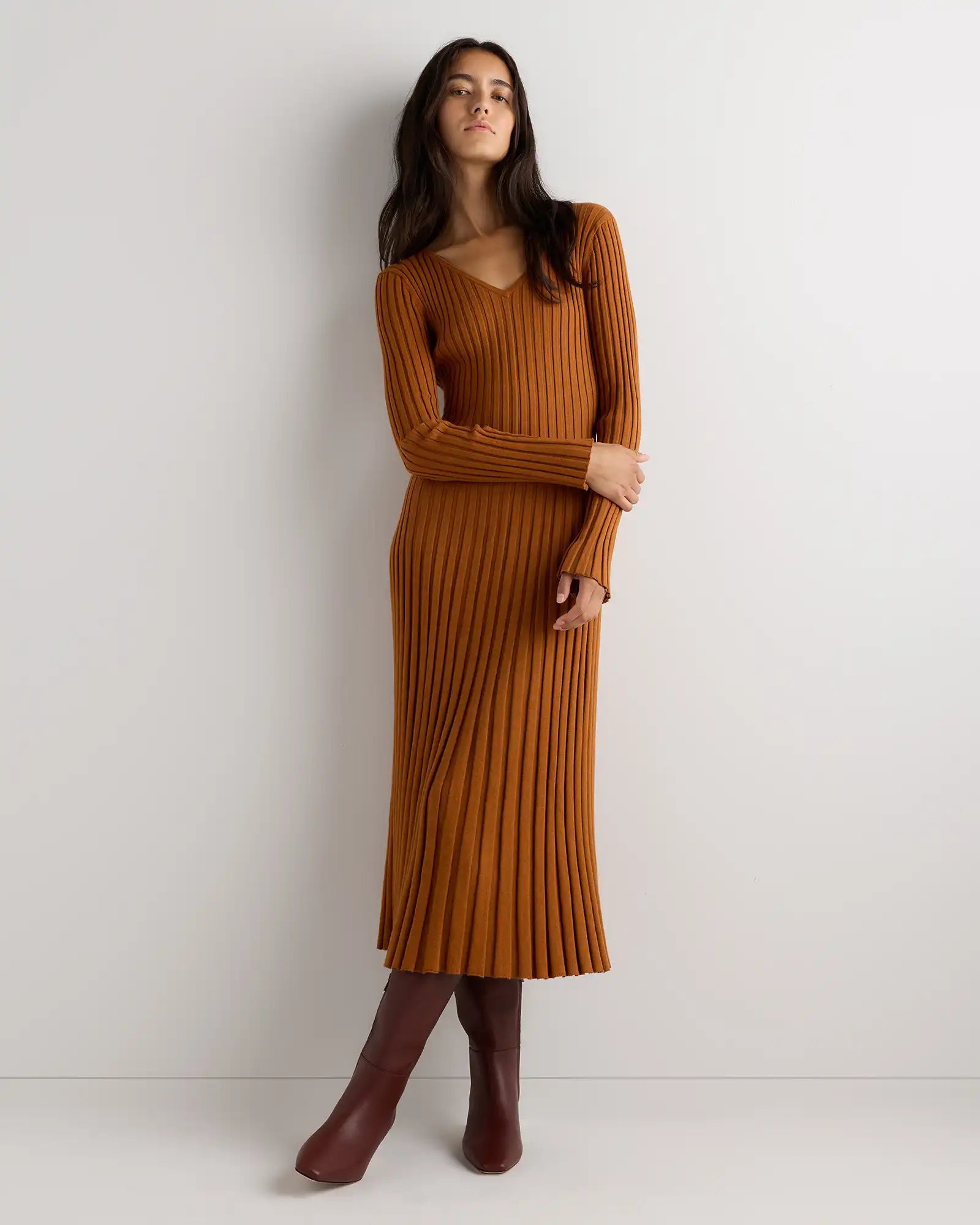 Cotton Cashmere Ribbed Long Sleeve V-Neck Midi Dress
