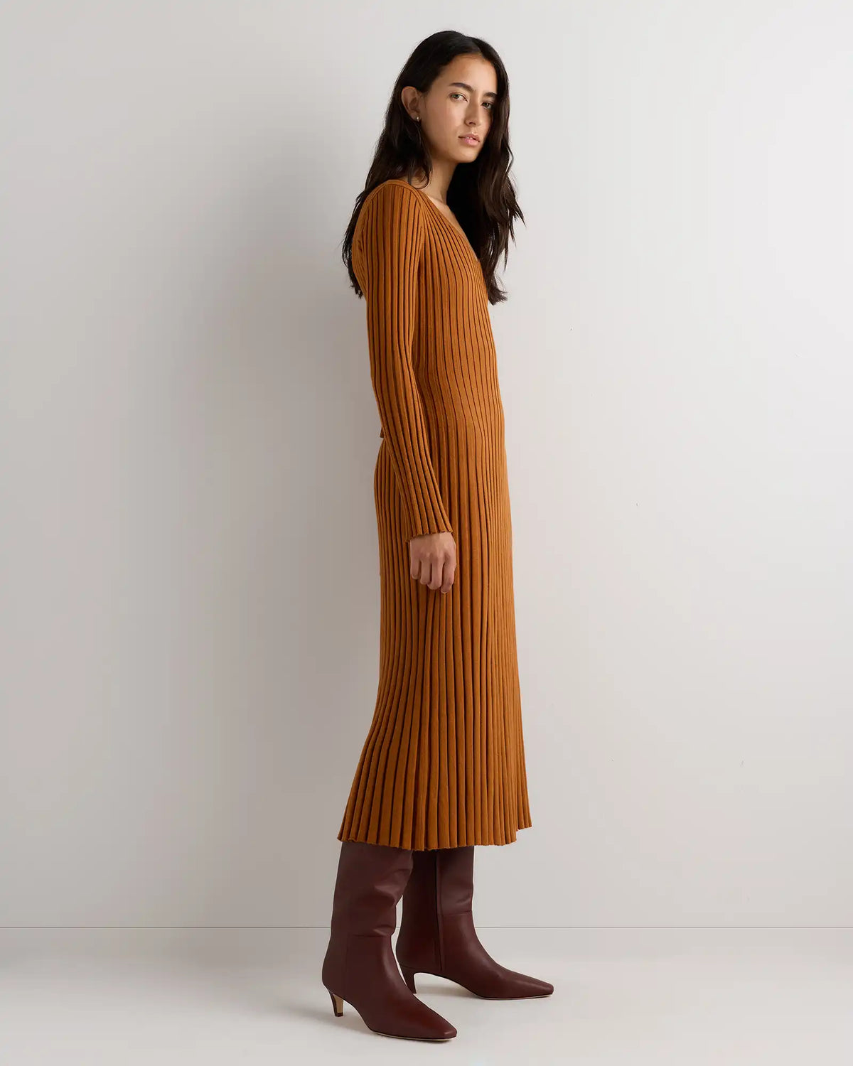 Cotton Cashmere Ribbed Long Sleeve V-Neck Midi Dress