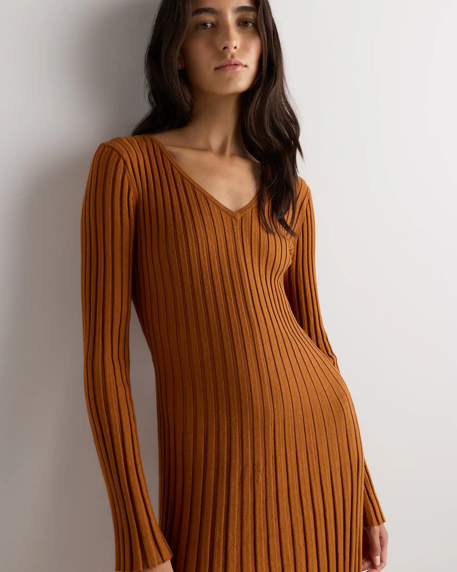Cotton Cashmere Ribbed Long Sleeve V-Neck Midi Dress