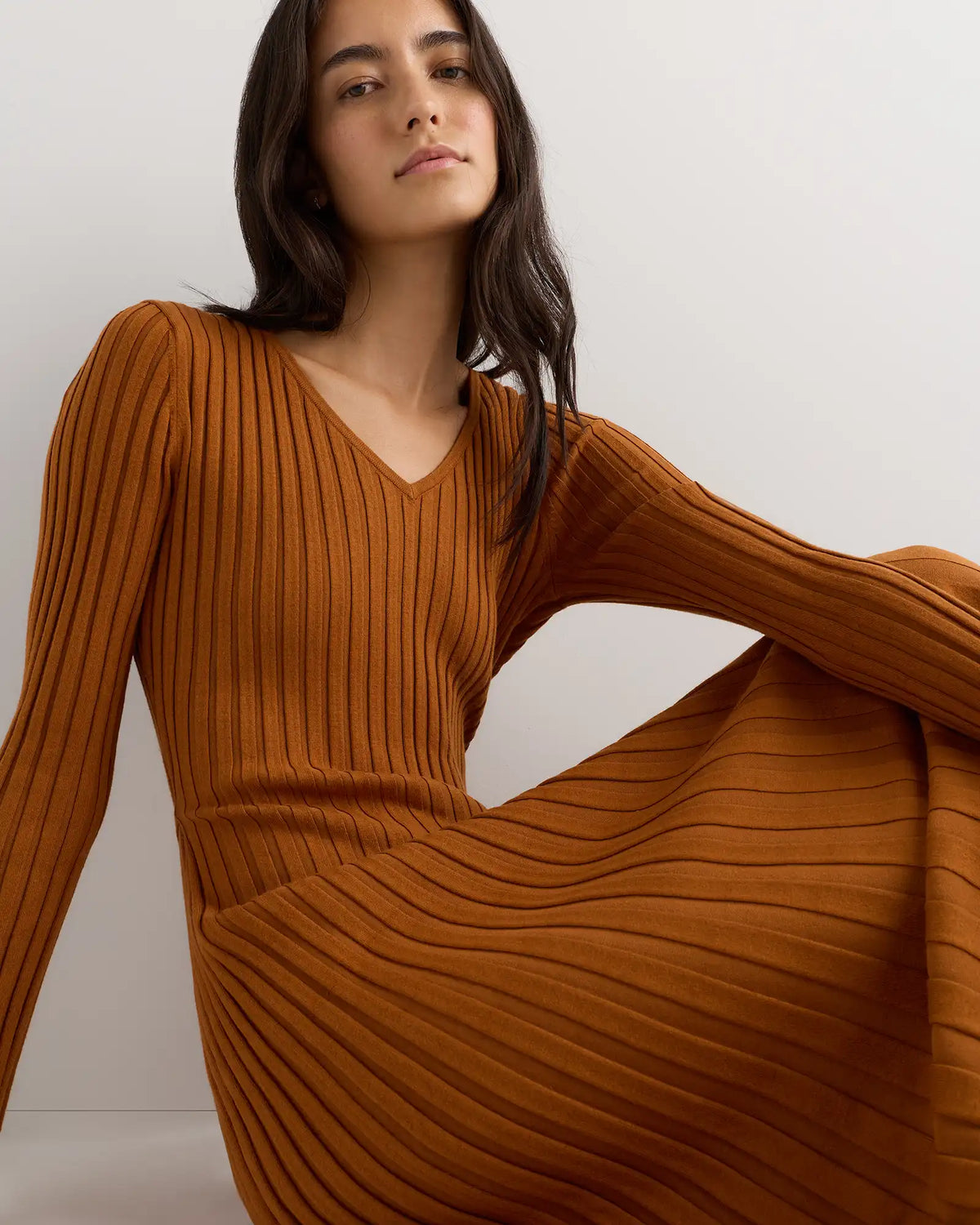 Cotton Cashmere Ribbed Long Sleeve V-Neck Midi Dress