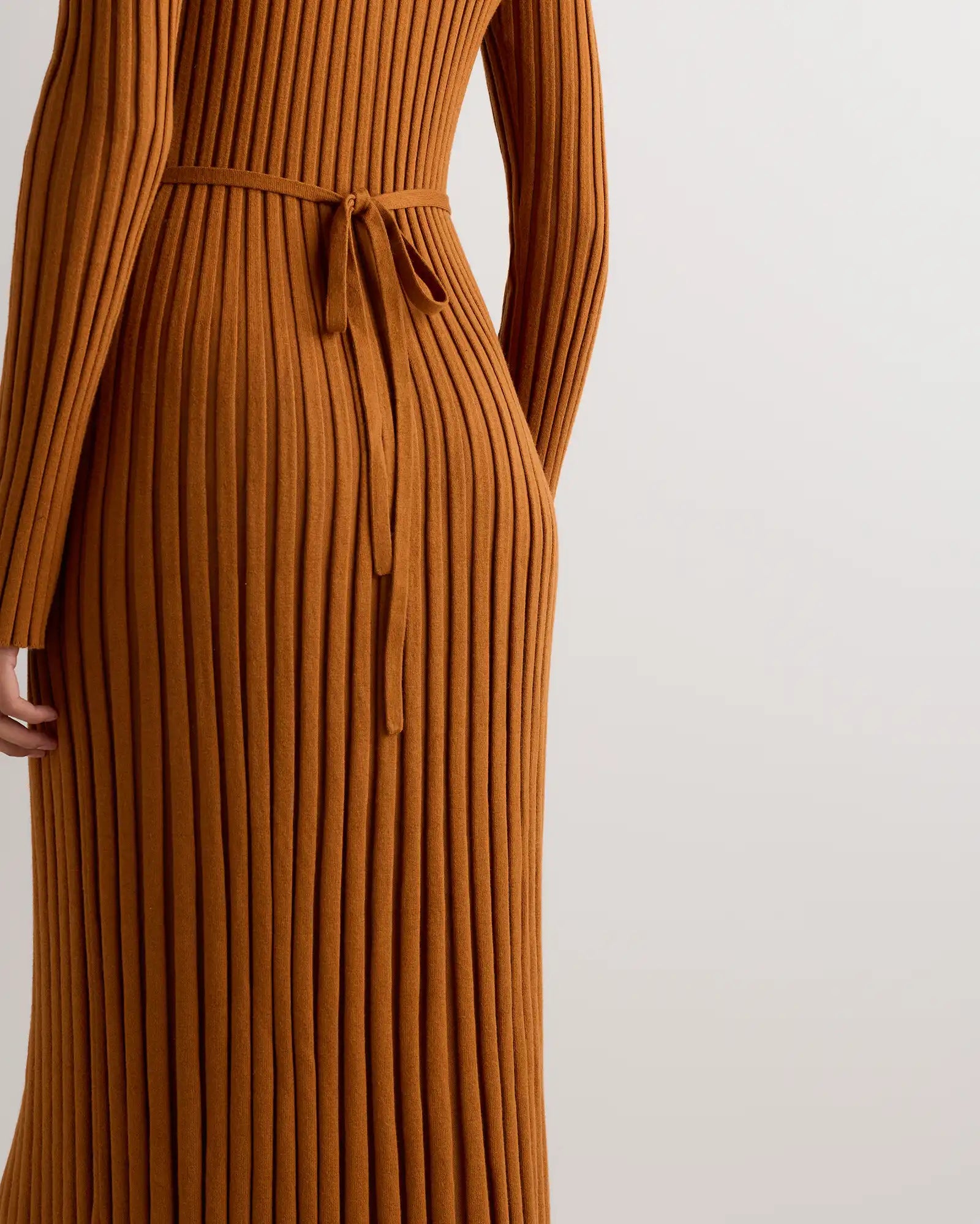Cotton Cashmere Ribbed Long Sleeve V-Neck Midi Dress