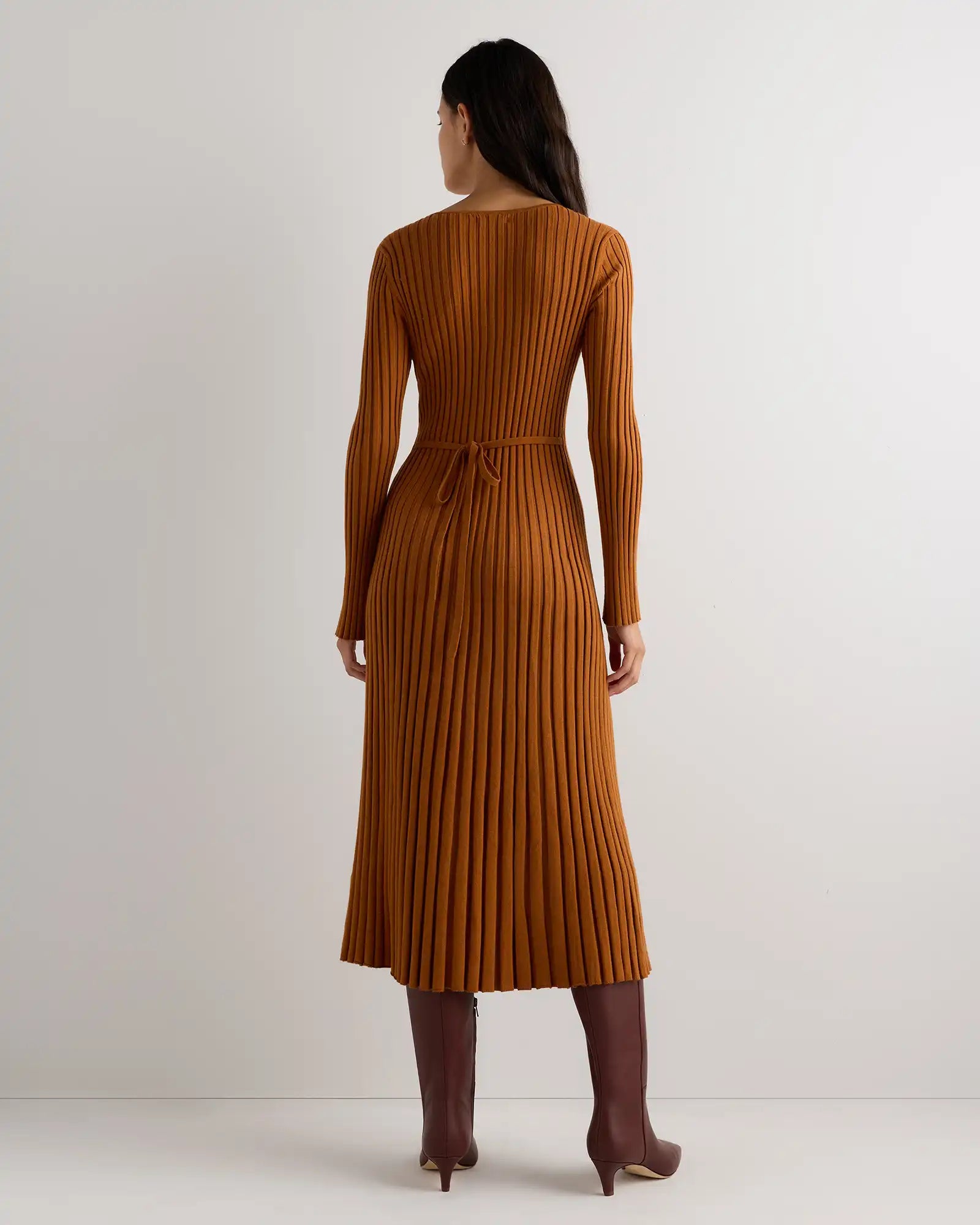 Cotton Cashmere Ribbed Long Sleeve V-Neck Midi Dress