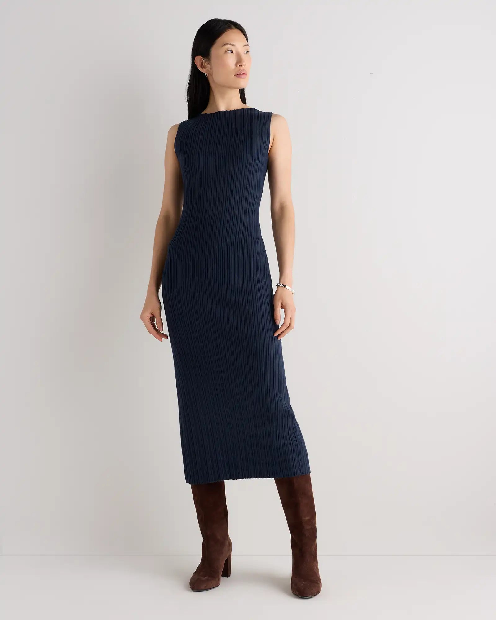 Cotton Cashmere Ribbed Sleeveless Midi Dress