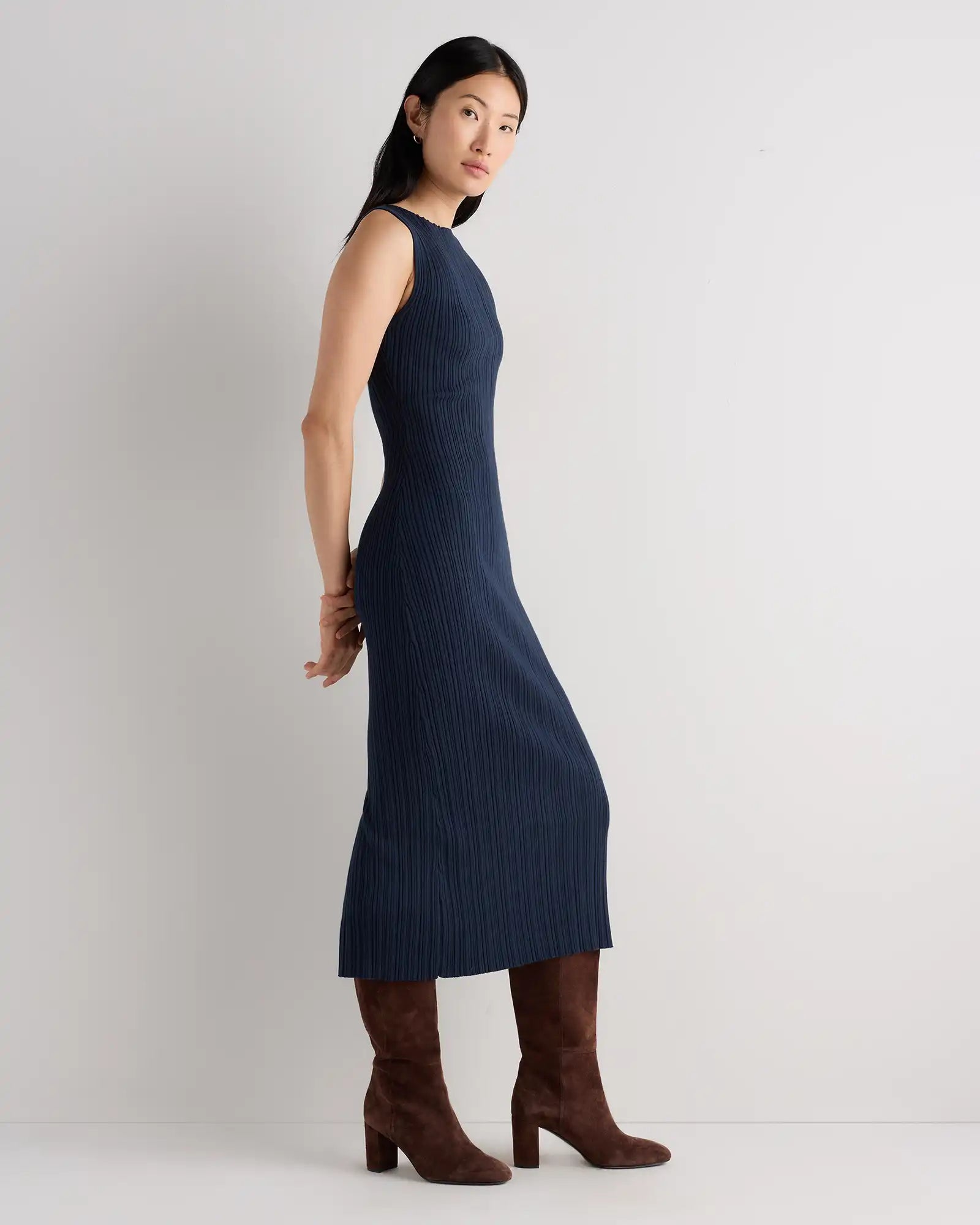 Cotton Cashmere Ribbed Sleeveless Midi Dress