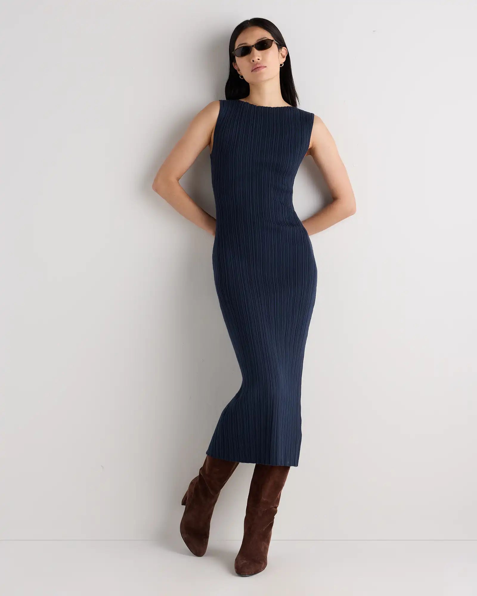 Cotton Cashmere Ribbed Sleeveless Midi Dress