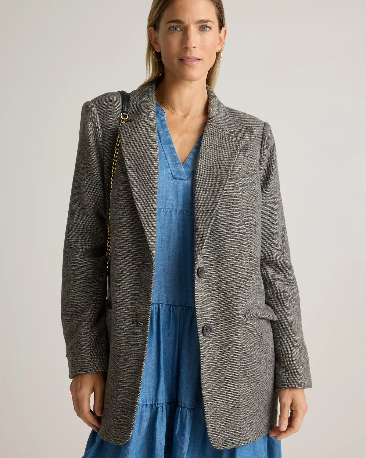 Chambray Tencel Tiered Long Sleeve Mini Dress