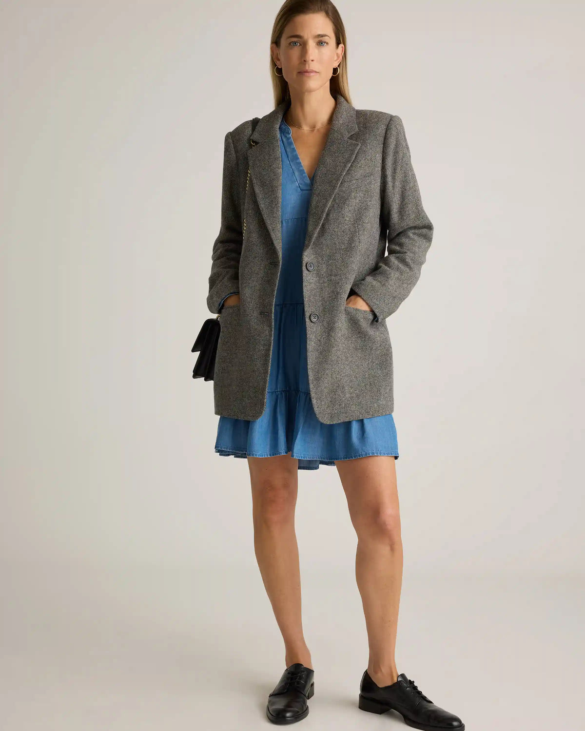 Chambray Tencel Tiered Long Sleeve Mini Dress