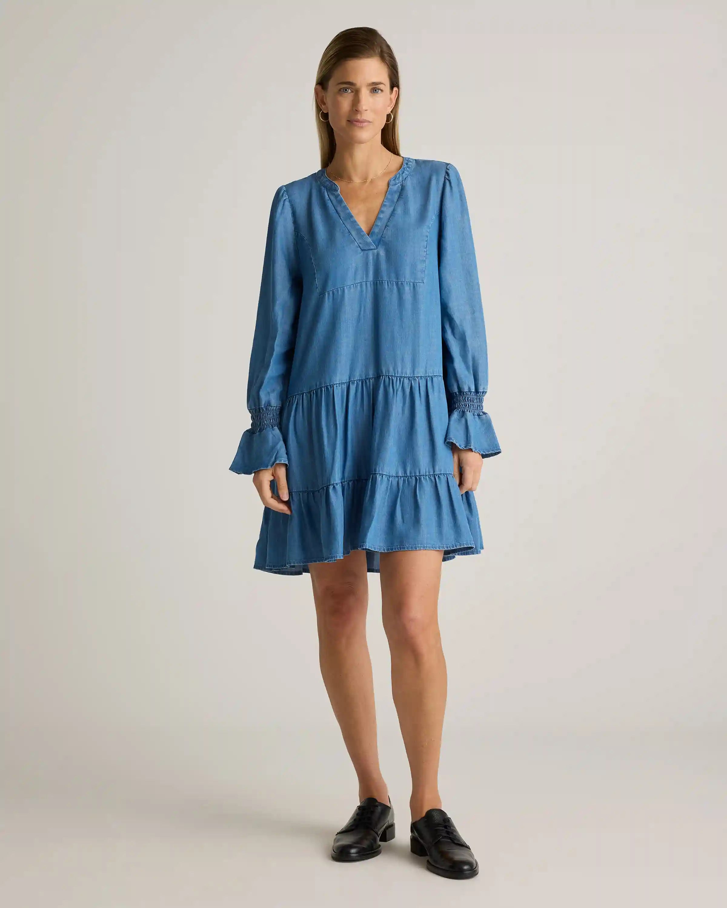 Chambray Tencel Tiered Long Sleeve Mini Dress