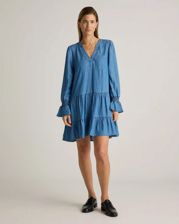 Chambray Tencel Tiered Long Sleeve Mini Dress