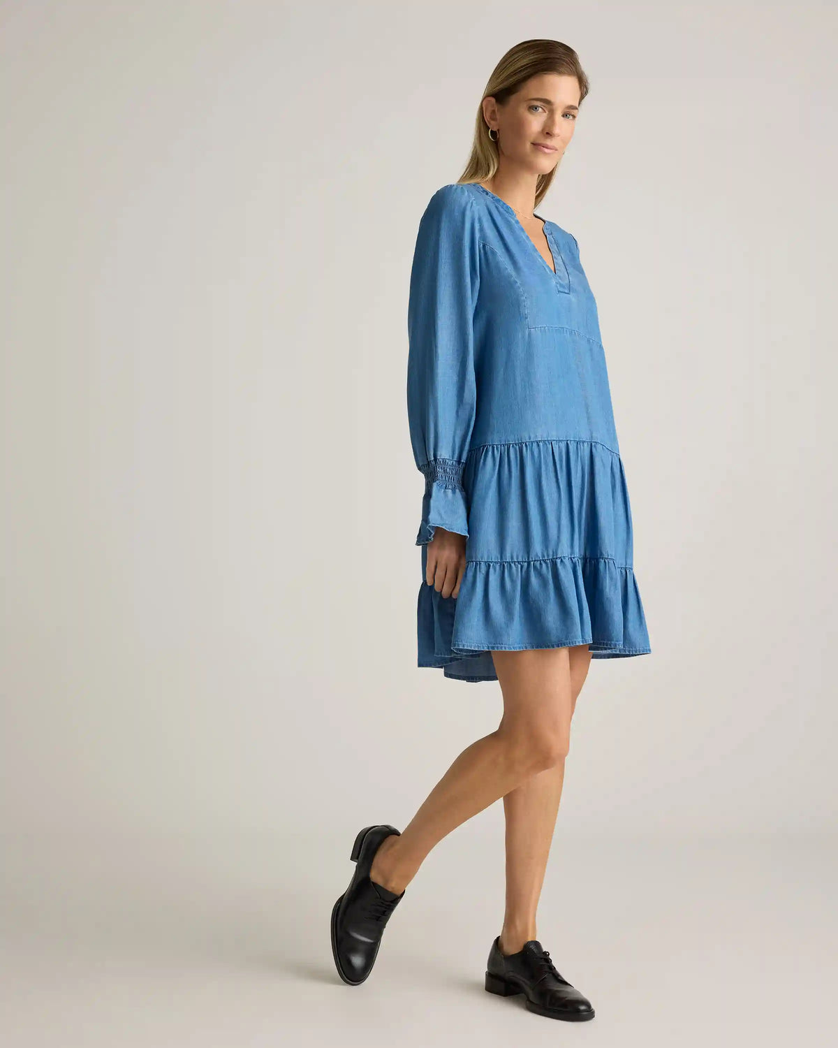 Chambray Tencel Tiered Long Sleeve Mini Dress