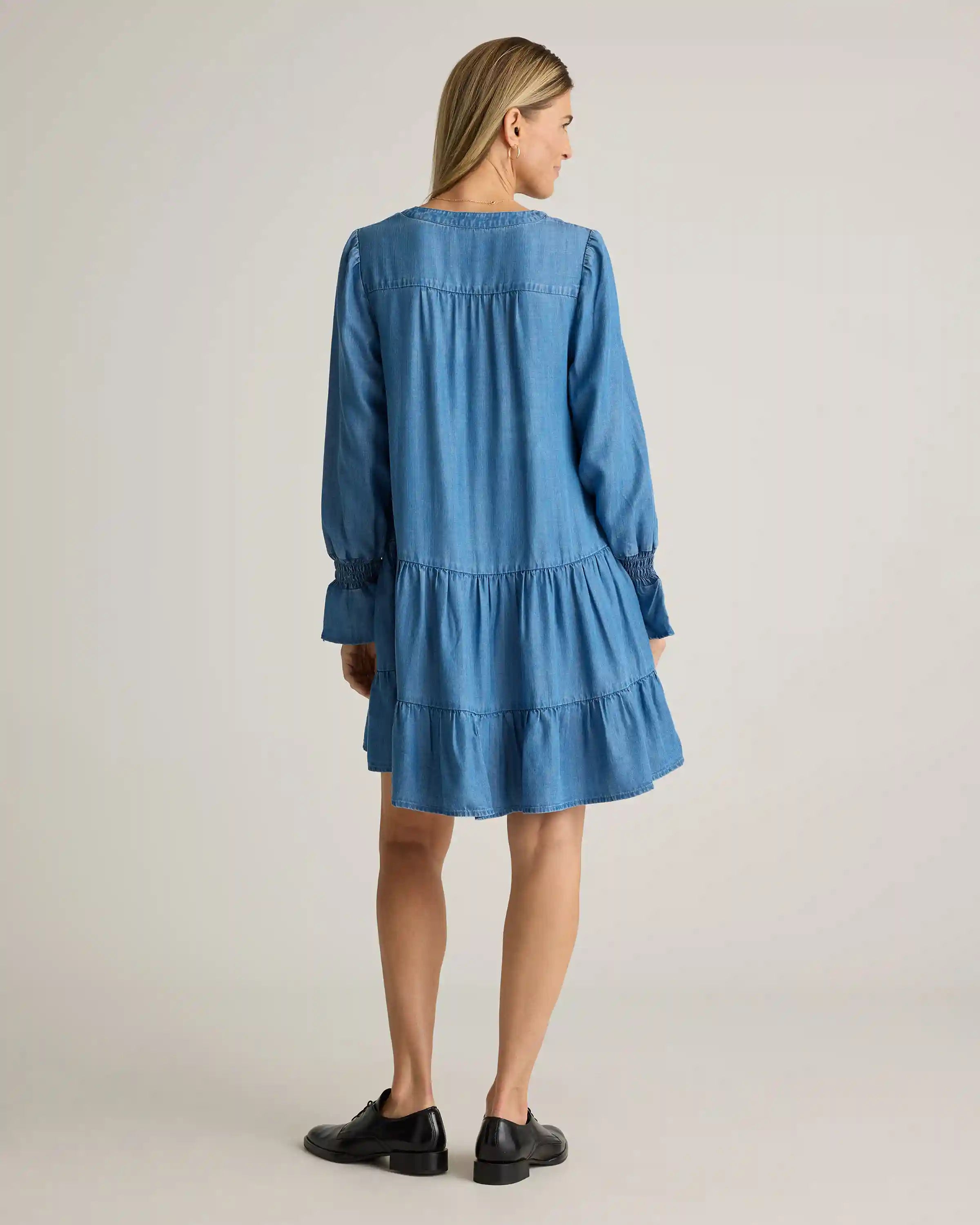 Chambray Tencel Tiered Long Sleeve Mini Dress