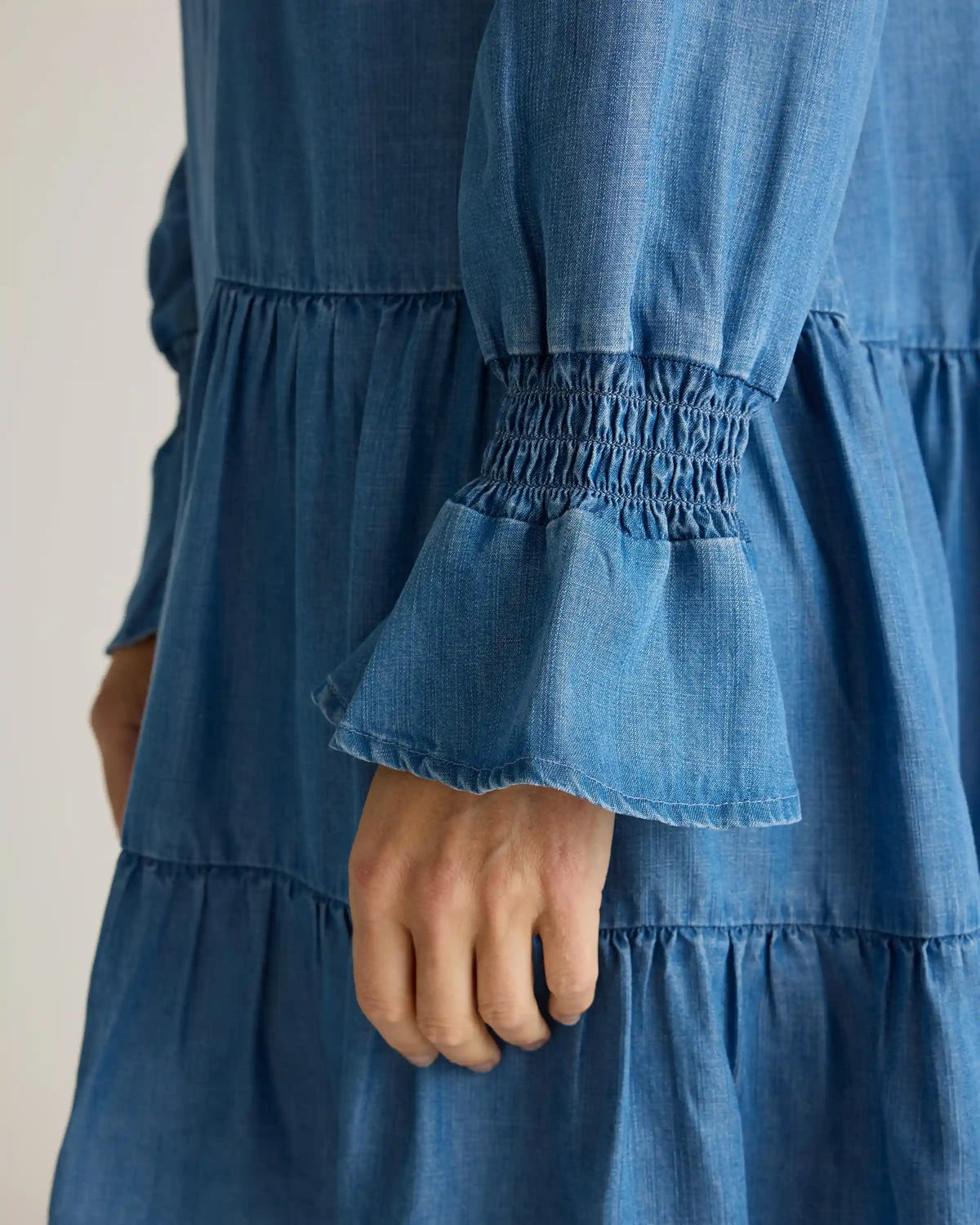 Chambray Tencel Tiered Long Sleeve Mini Dress