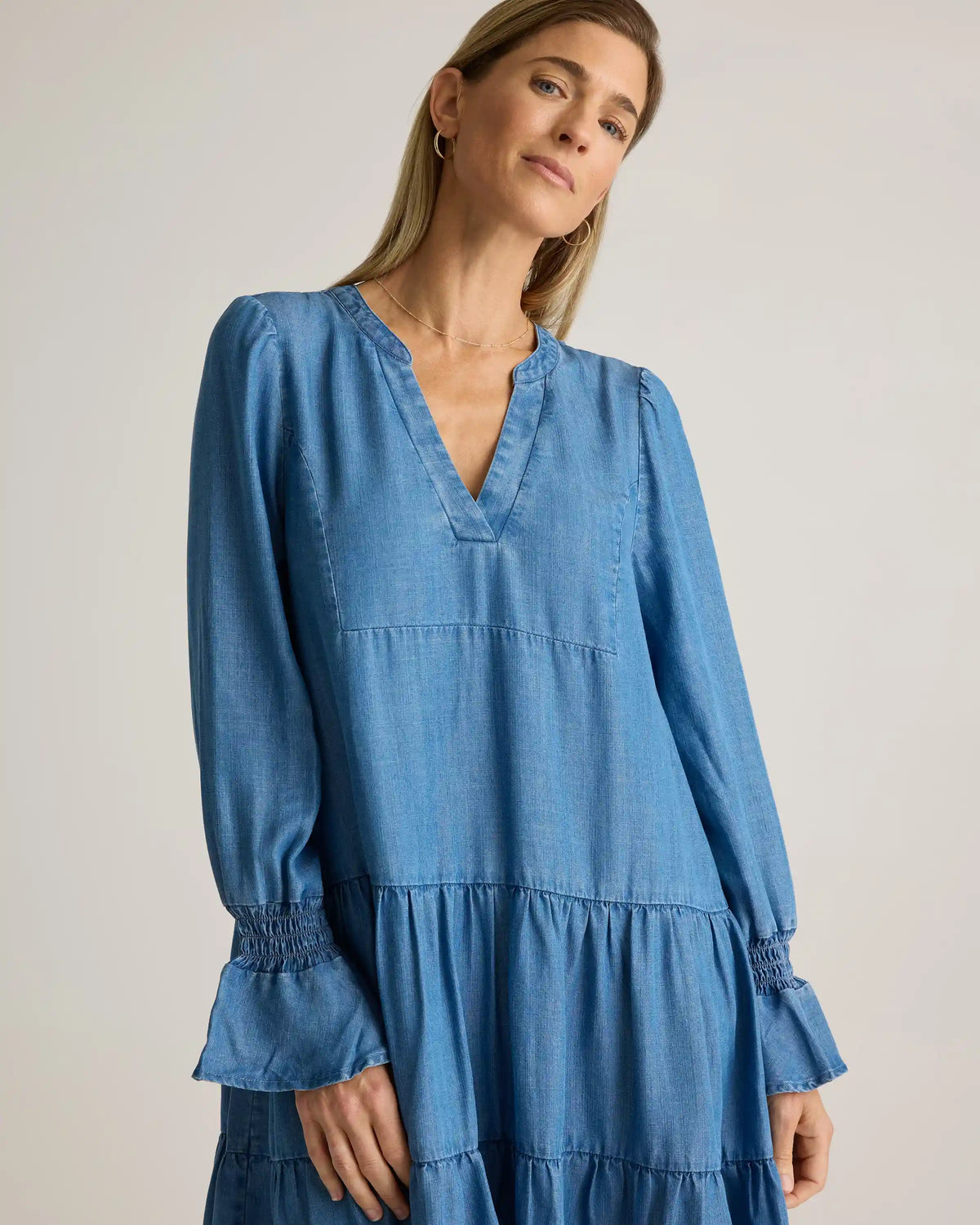 Chambray Tencel Tiered Long Sleeve Mini Dress