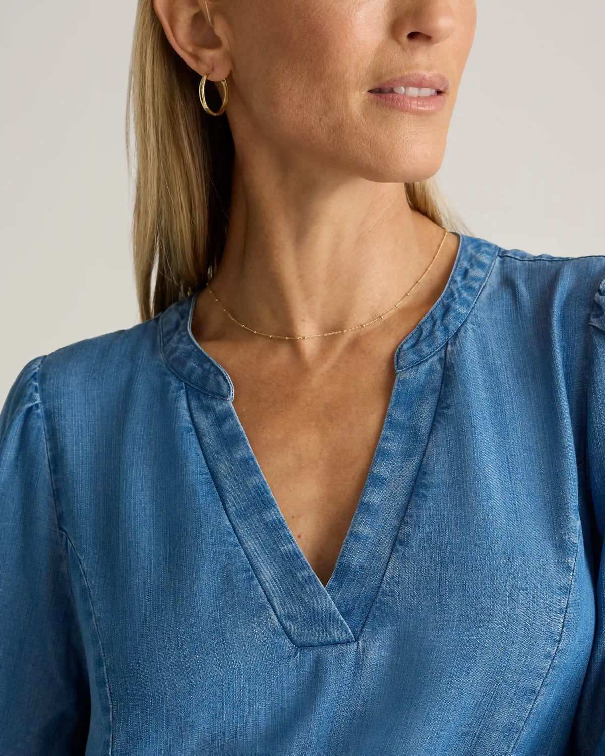 Chambray Tencel Tiered Long Sleeve Mini Dress