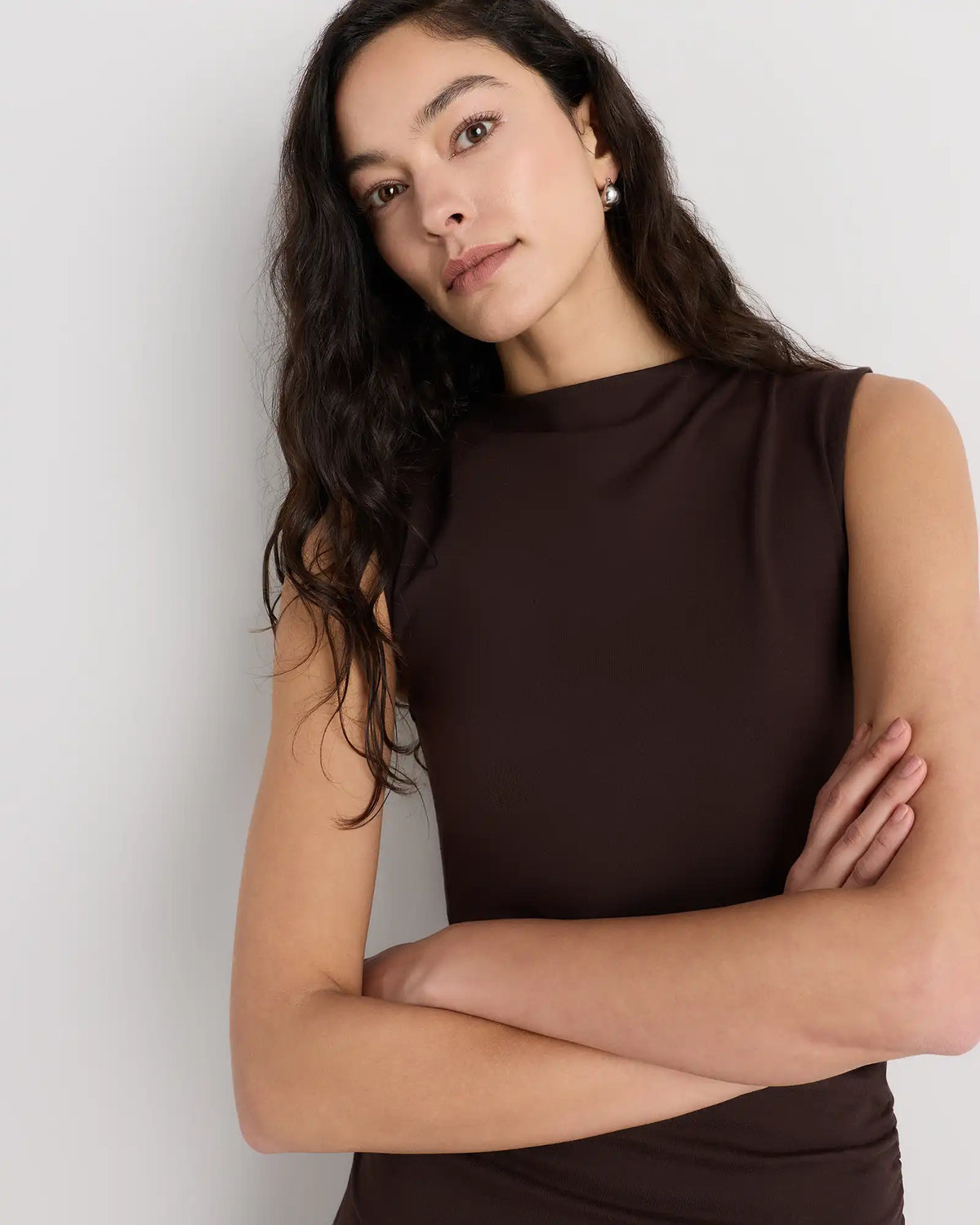 Stretch Cotton Jersey Mock Neck Mini Dress