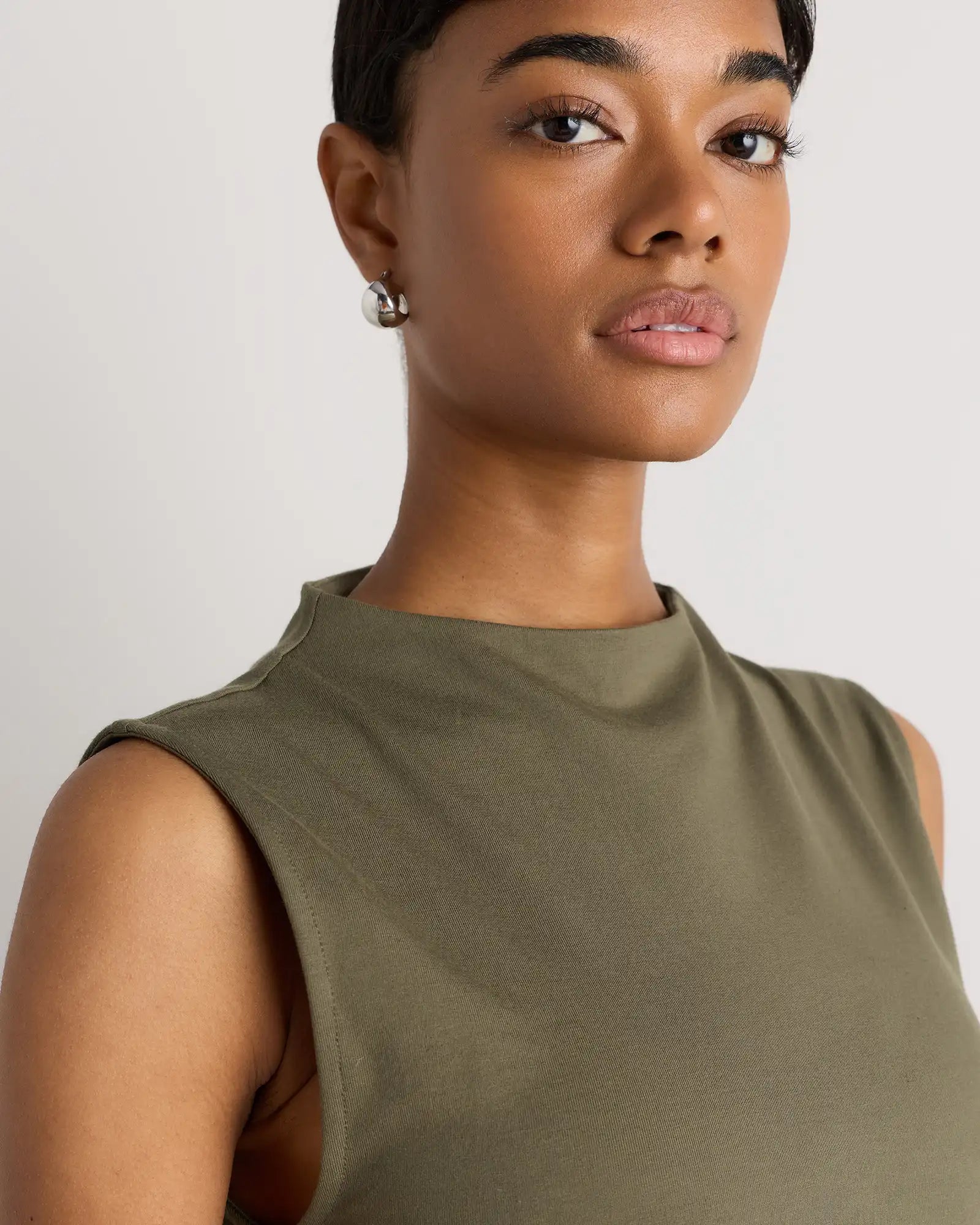Stretch Cotton Jersey Mock Neck Mini Dress