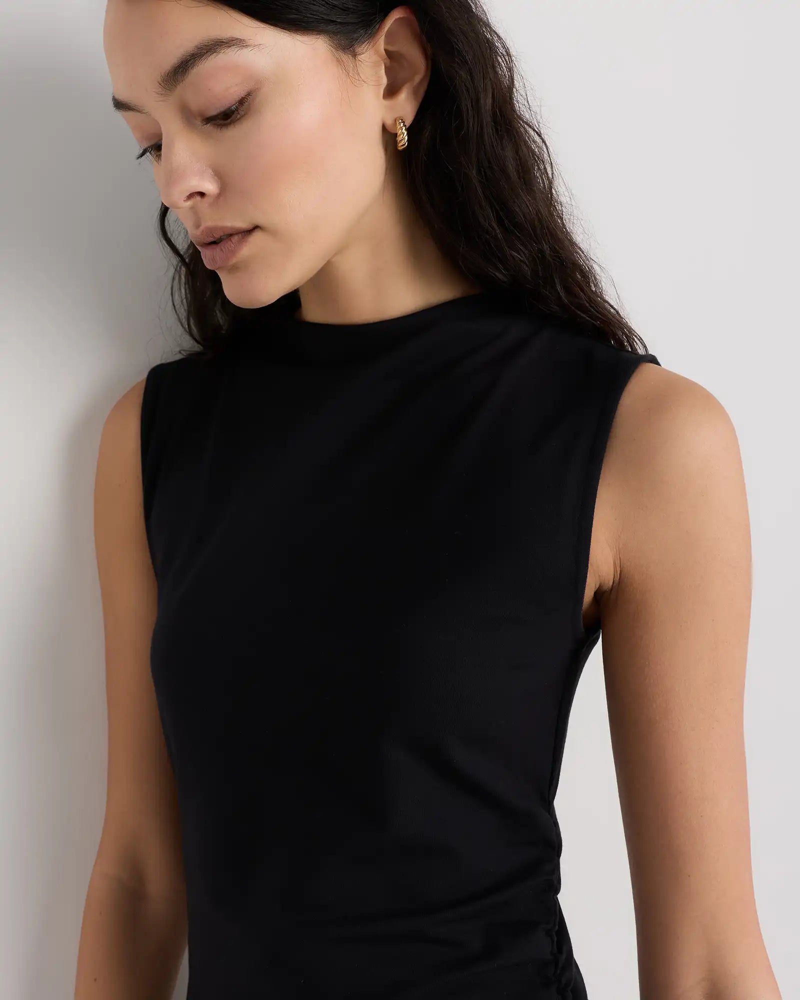 Stretch Cotton Jersey Mock Neck Mini Dress