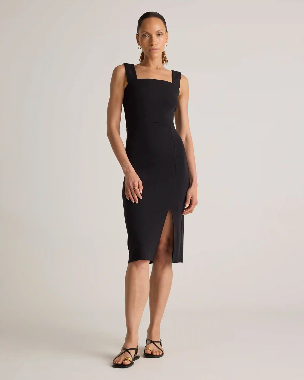 Tencel Rib Knit Sleeveless Square Neck Midi Dress