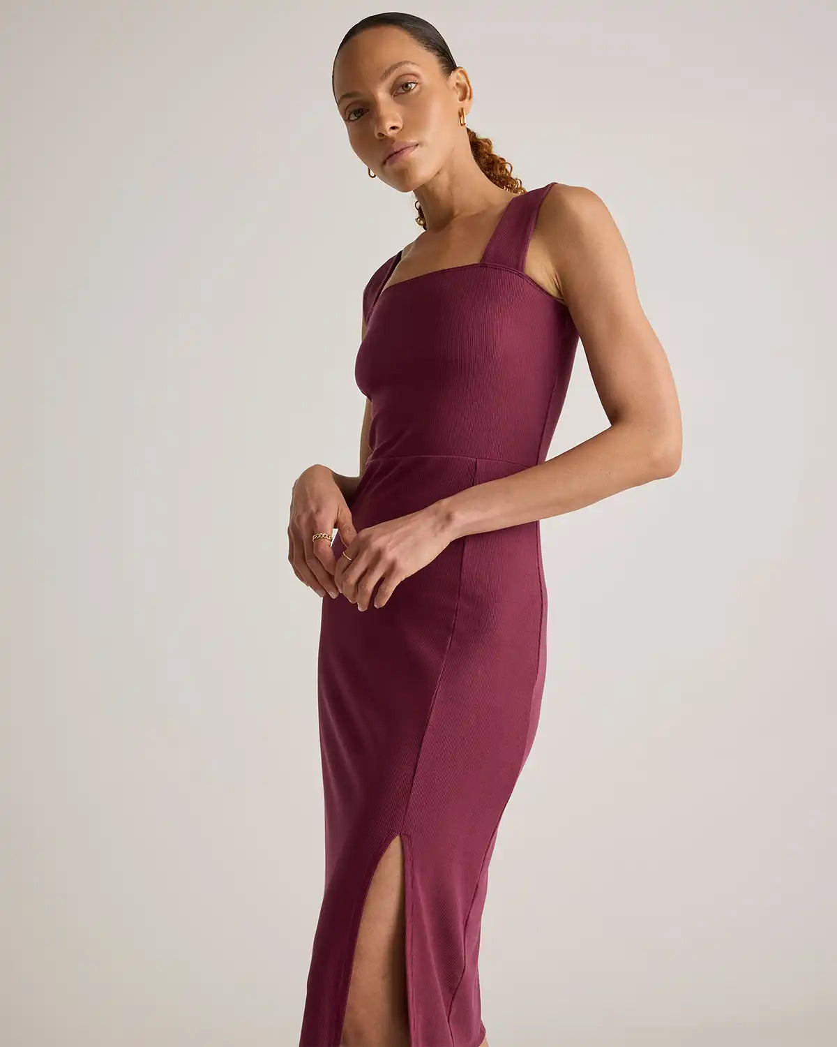 Tencel Rib Knit Sleeveless Square Neck Midi Dress