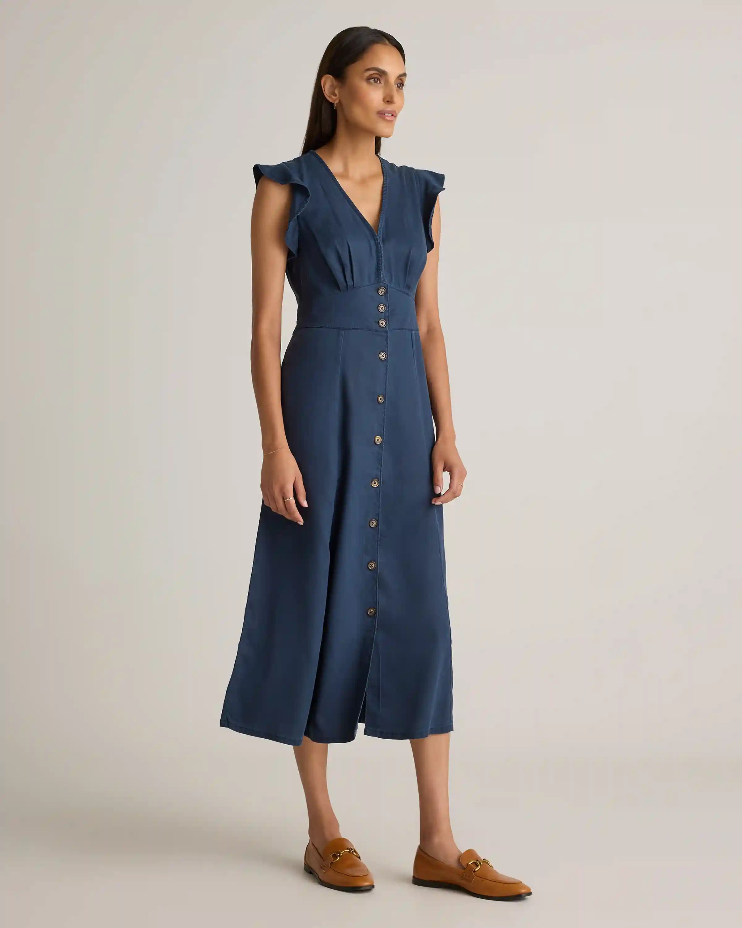 Vintage Wash Tencel Button Front Midi Dress