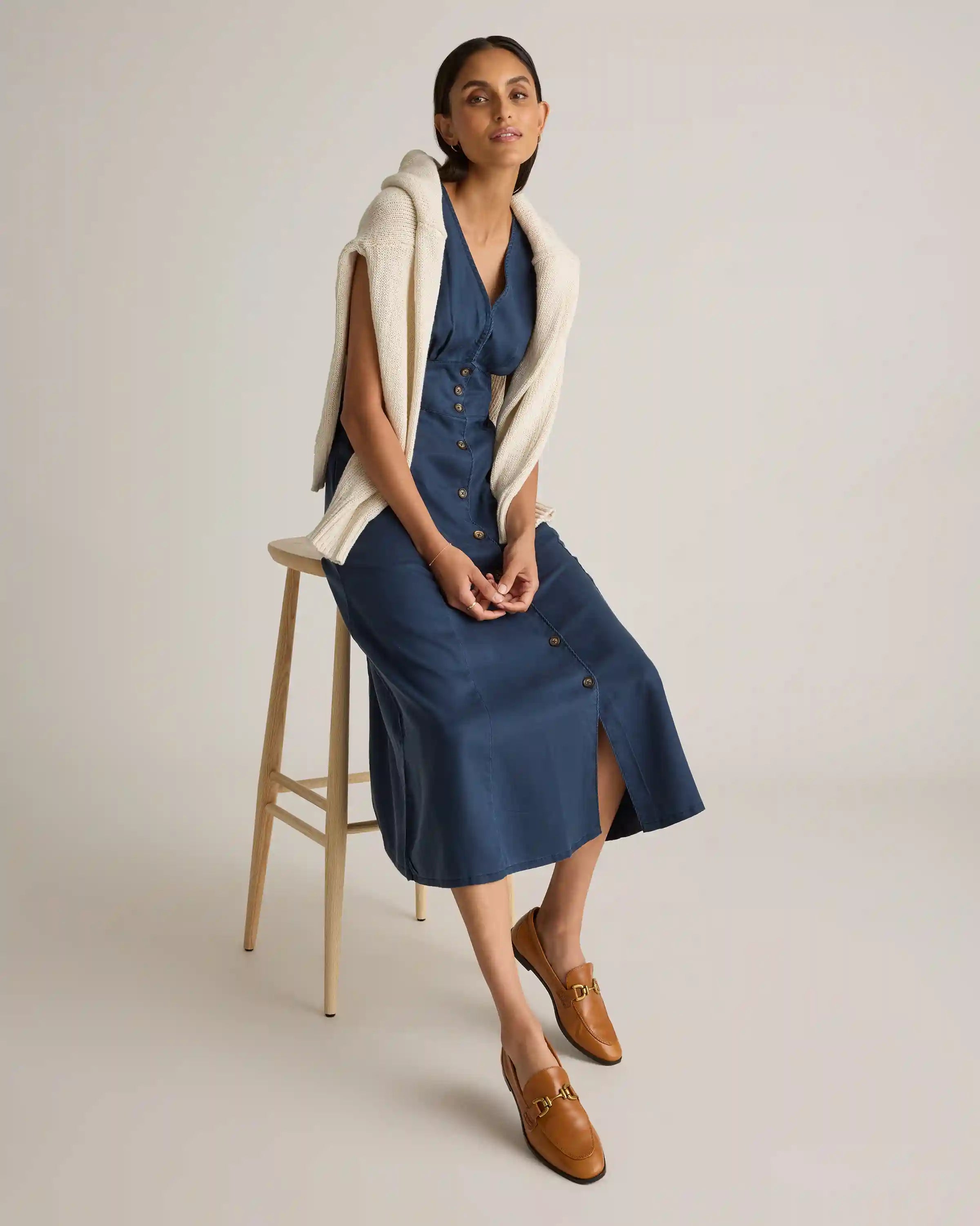 Vintage Wash Tencel Button Front Midi Dress