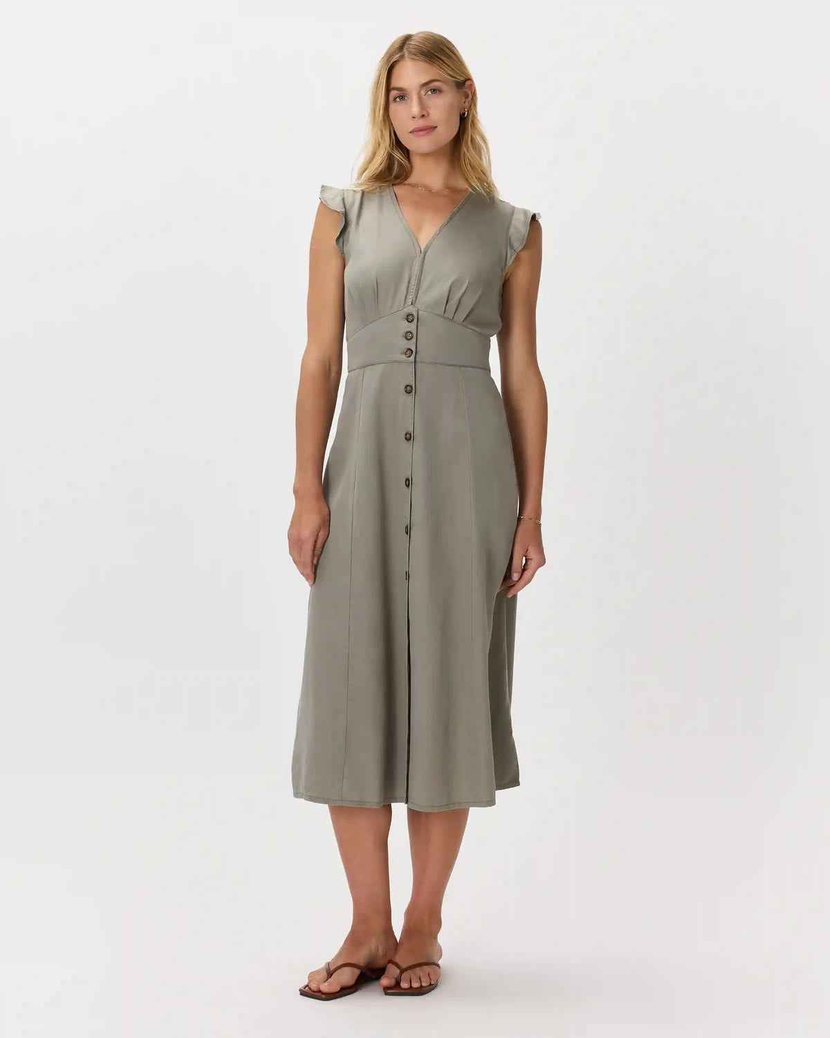 Vintage Wash Tencel Button Front Midi Dress
