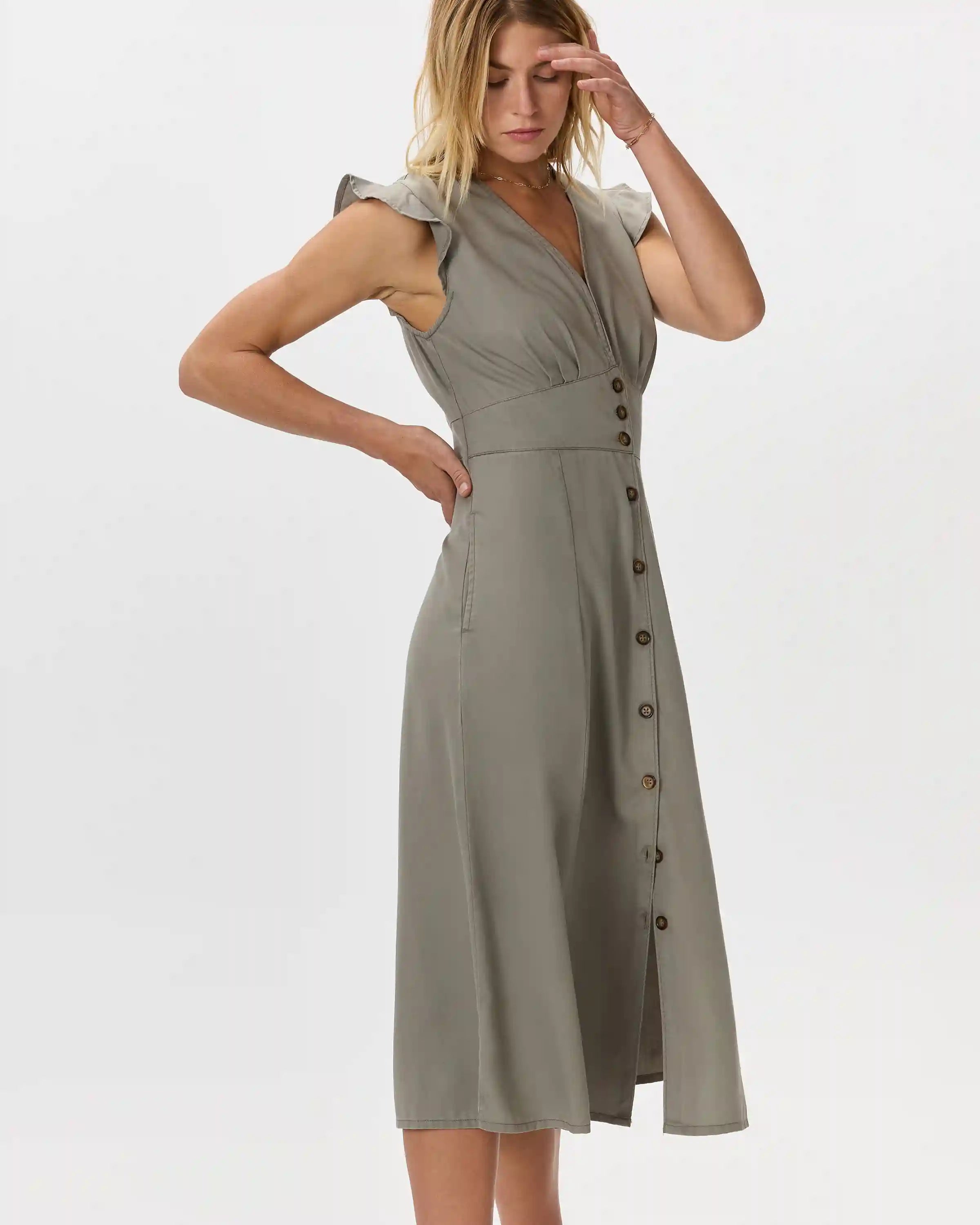 Vintage Wash Tencel Button Front Midi Dress