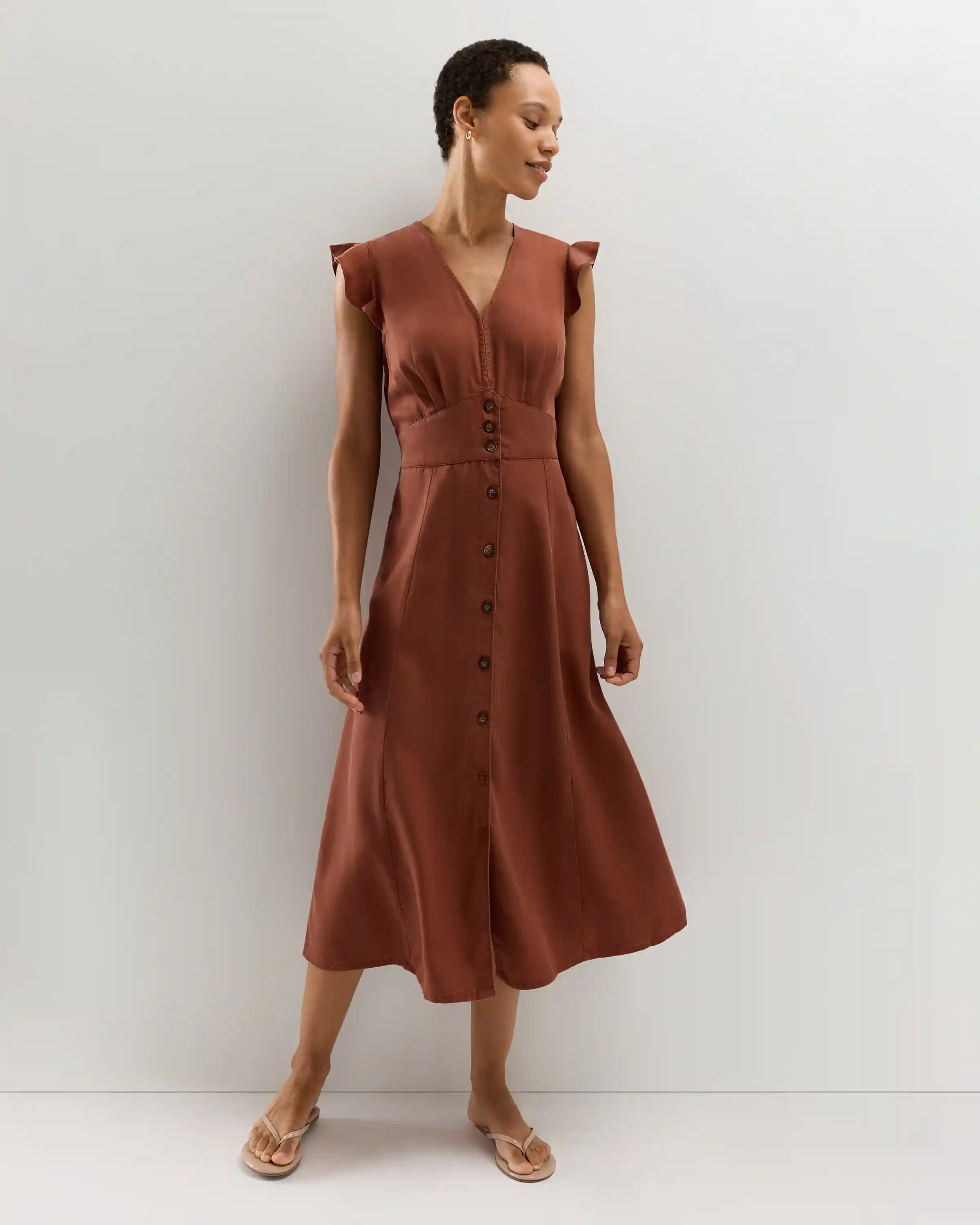 Vintage Wash Tencel Button Front Midi Dress