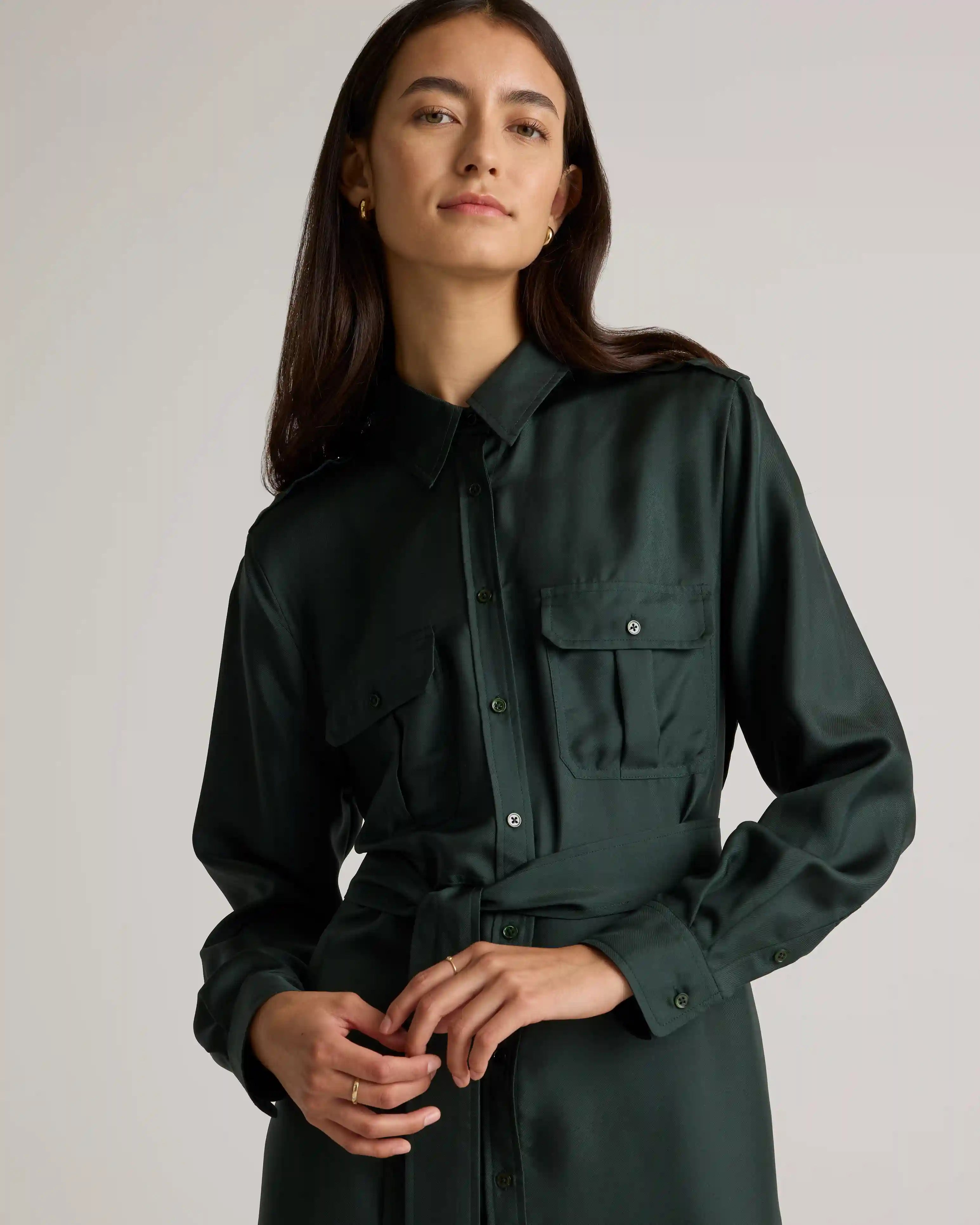 100% Silk Twill Utility Shirt Dress
