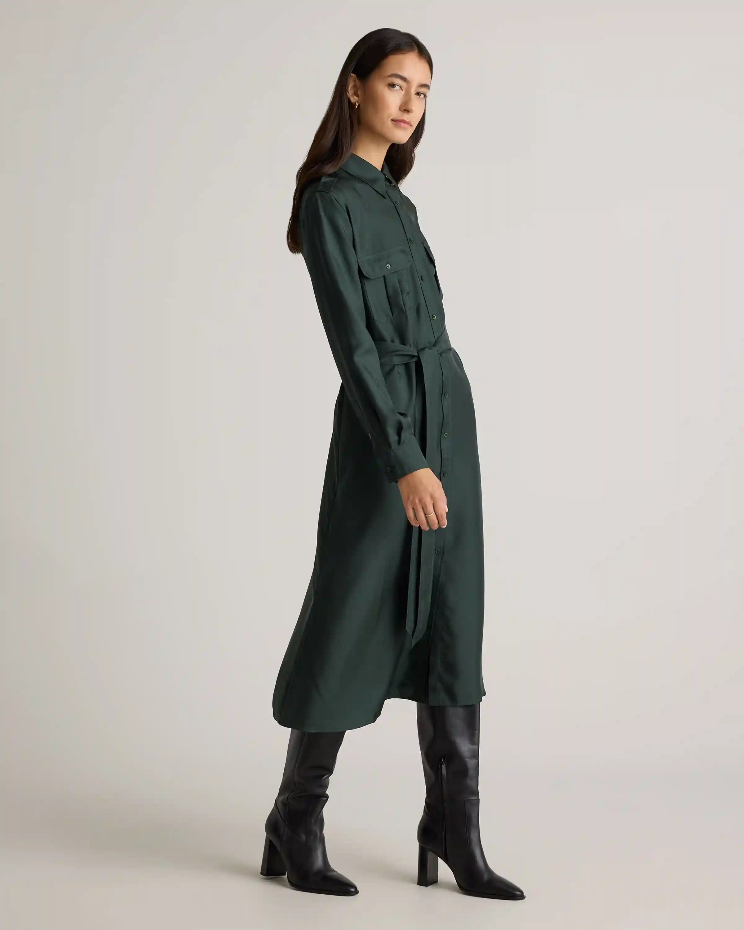 100% Silk Twill Utility Shirt Dress