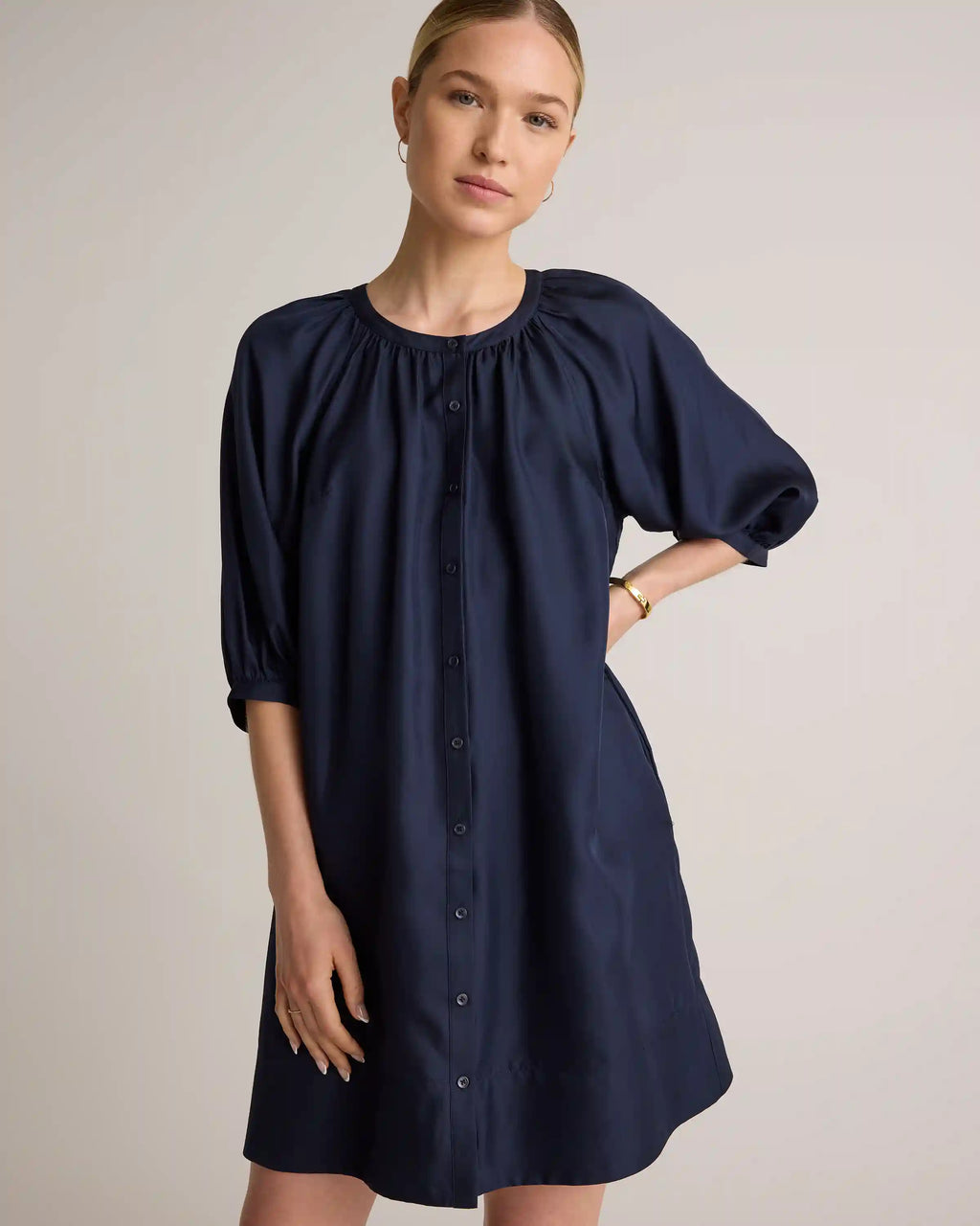 100% Silk Twill Button Front Mini Dress