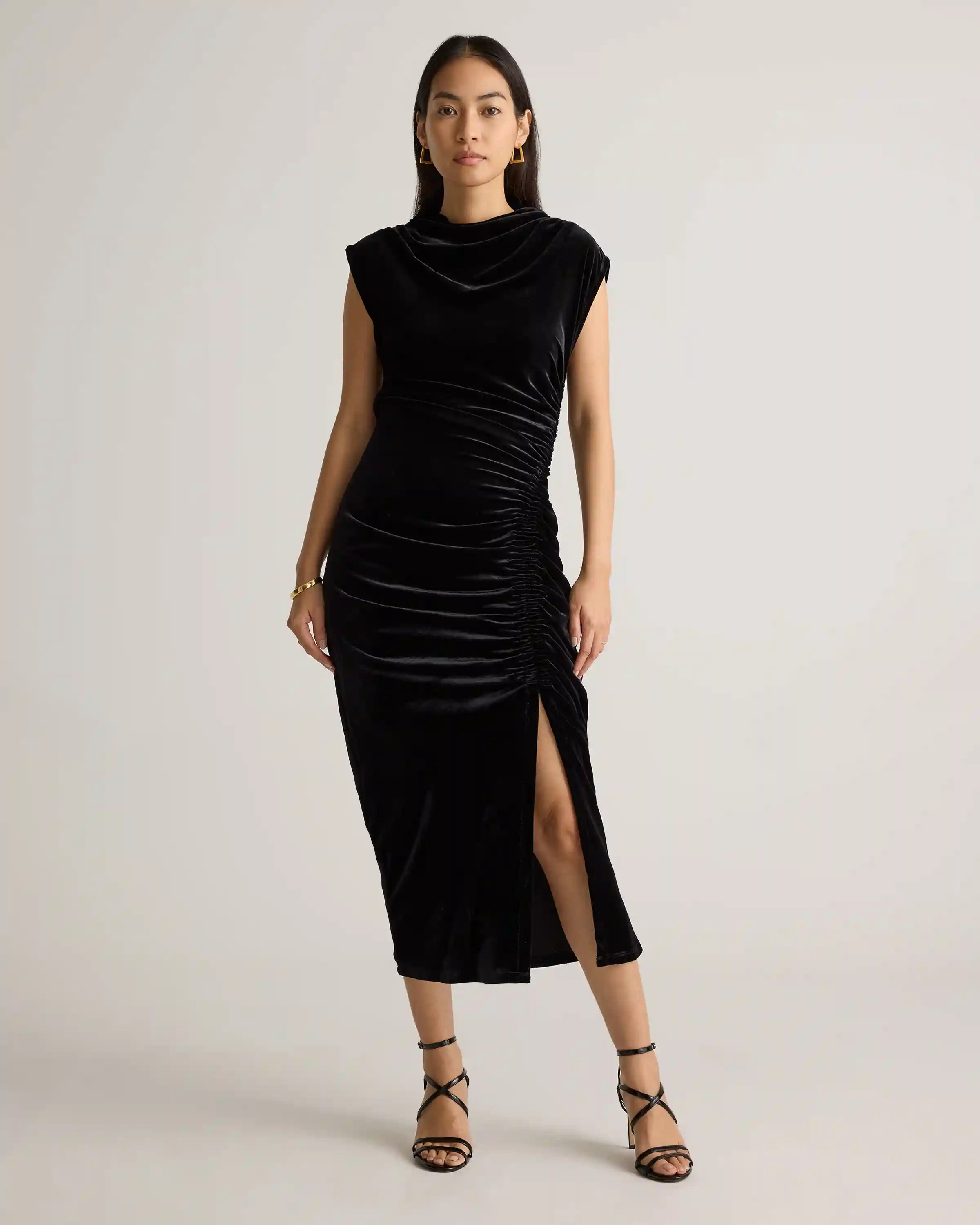 Stretch Silk Velvet Ruched Midi Dress