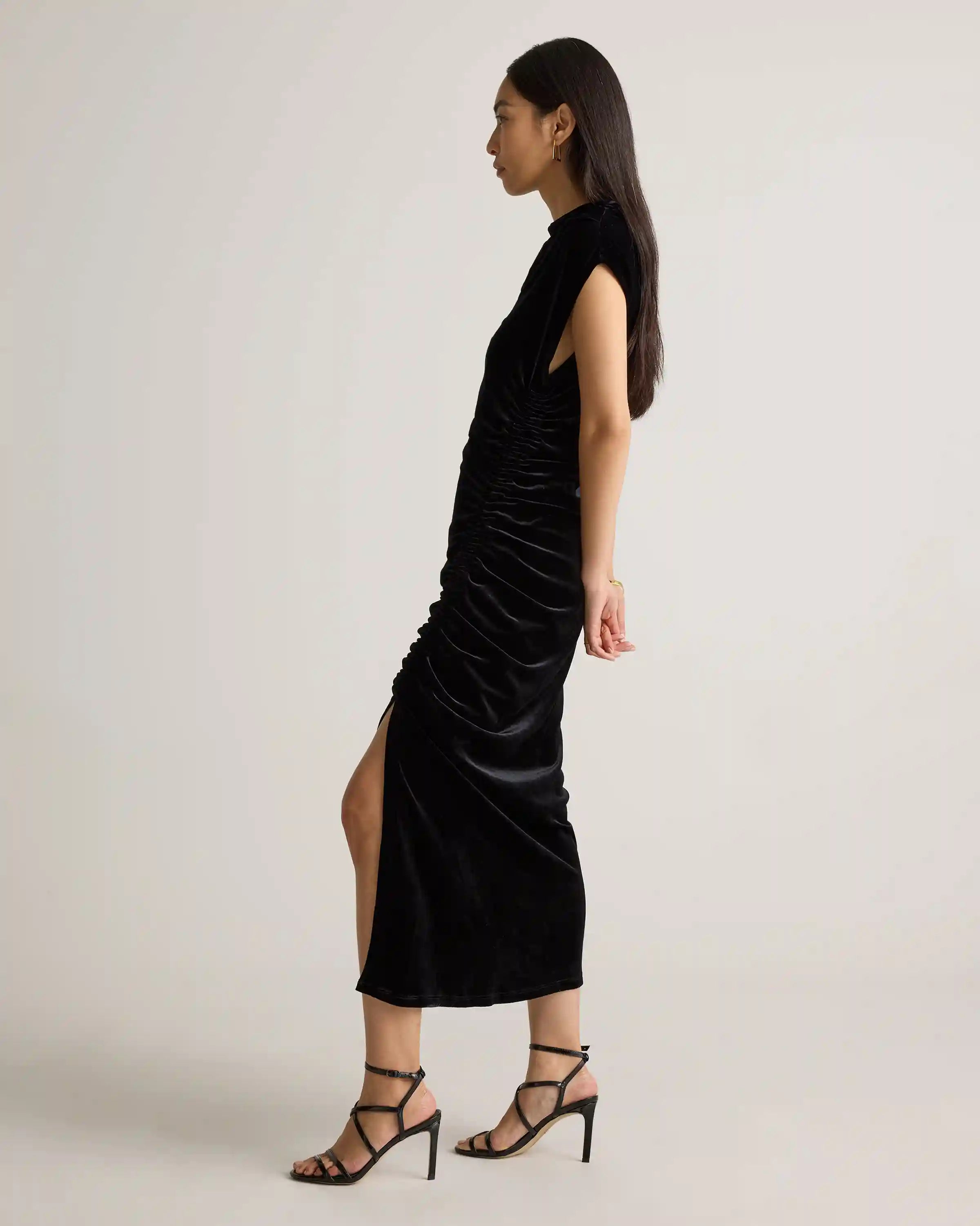 Stretch Silk Velvet Ruched Midi Dress