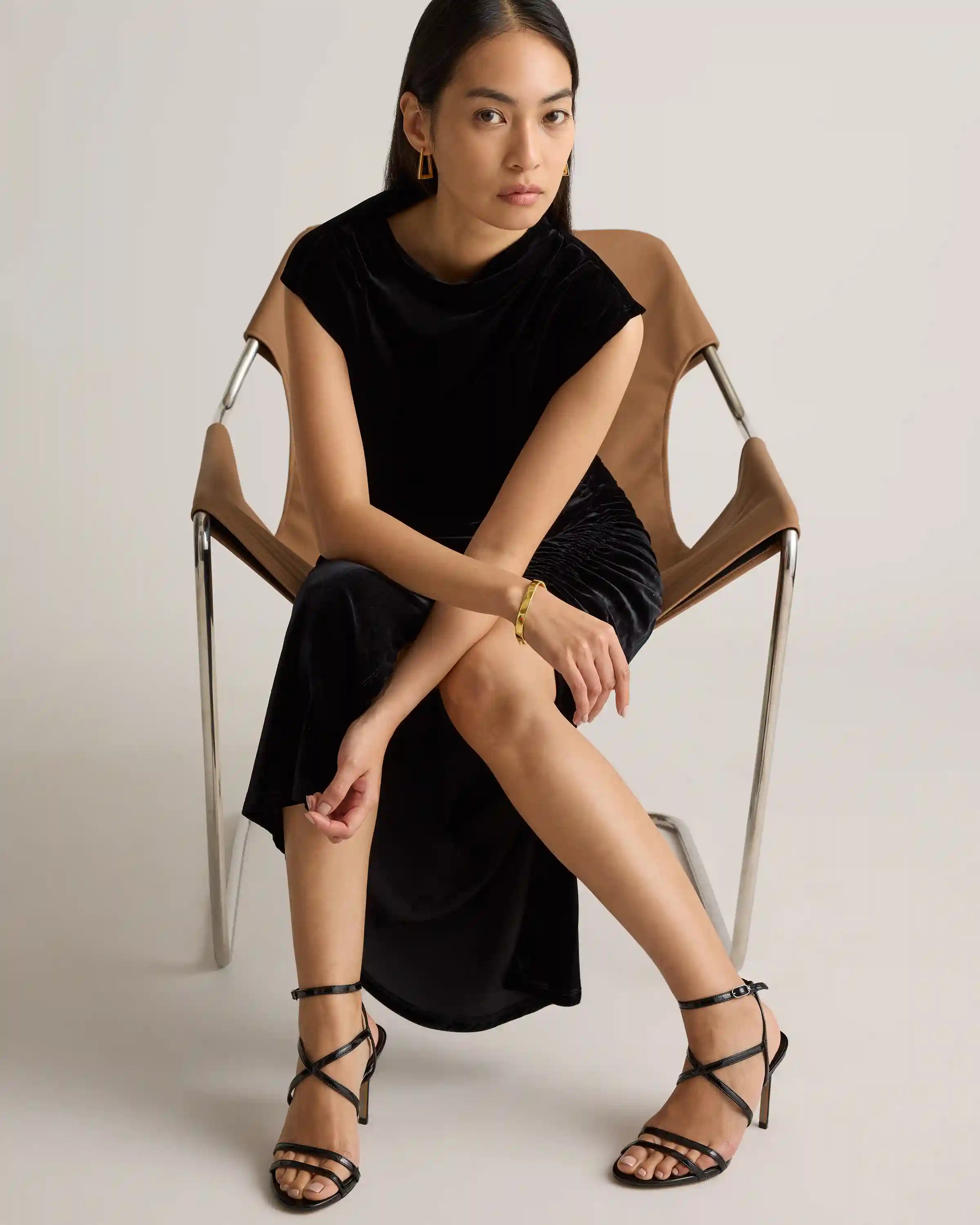 Stretch Silk Velvet Ruched Midi Dress