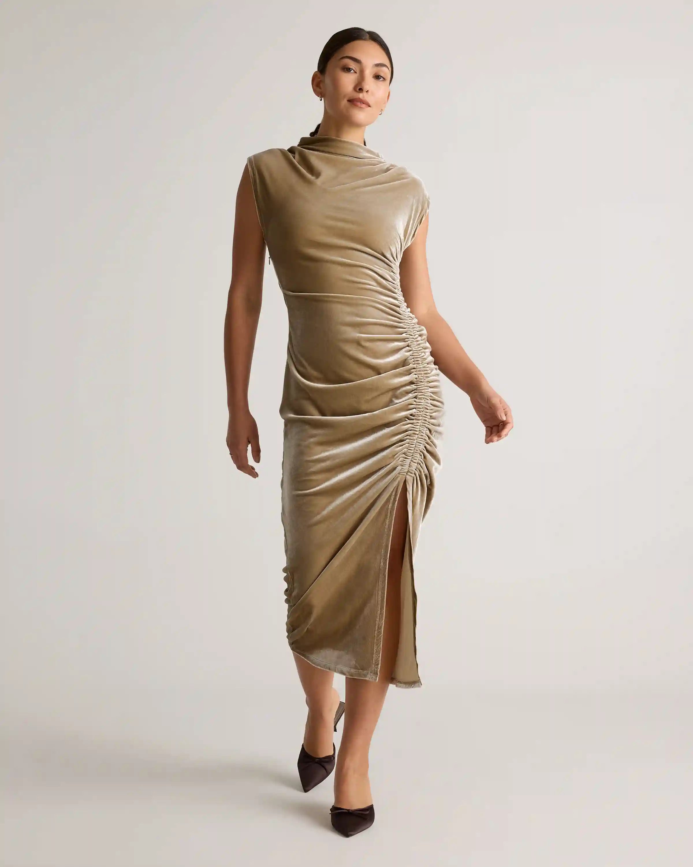 Stretch Silk Velvet Ruched Midi Dress